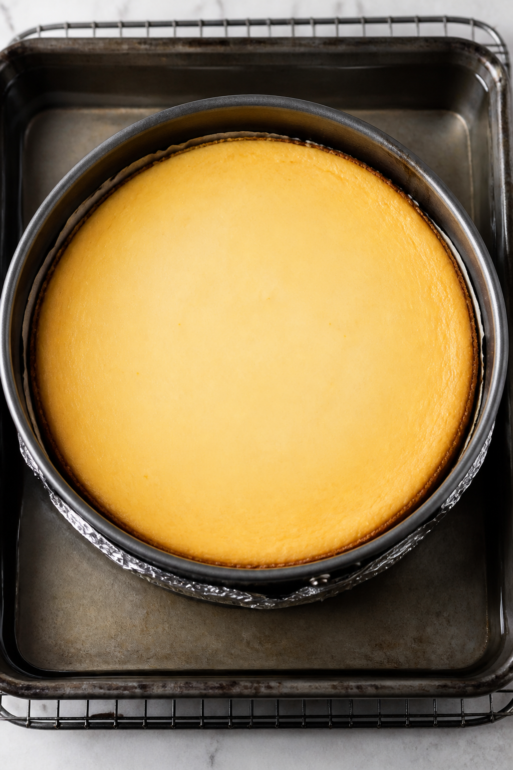 Cooking process: Overhead shot of the cheesecake fresh from the oven before topping, still in a 9-in