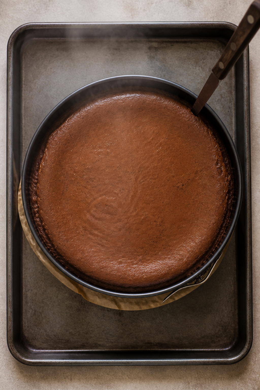 Cooking process: Overhead shot of the cheesecake fresh from the oven on a sheet pan, edges set with 