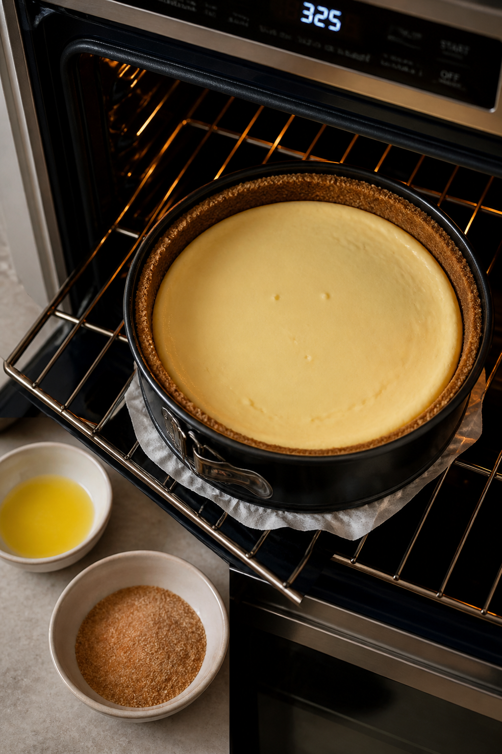 Cooking process: Overhead shot of the cheesecake in a 9-inch springform pan right after the low-and-