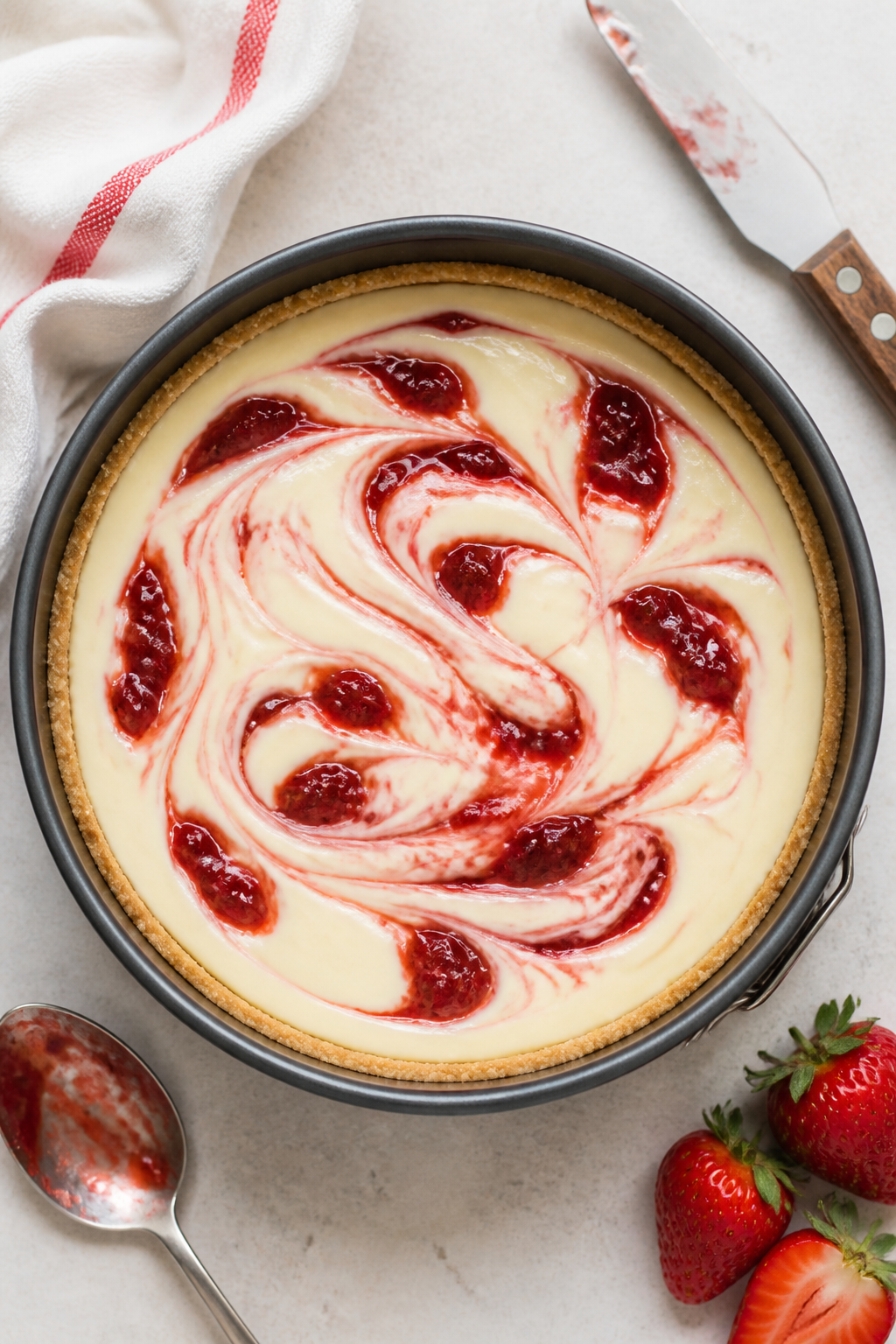 Cooking process: Overhead shot of the cheesecake in a 9-inch springform pan right after swirling—p