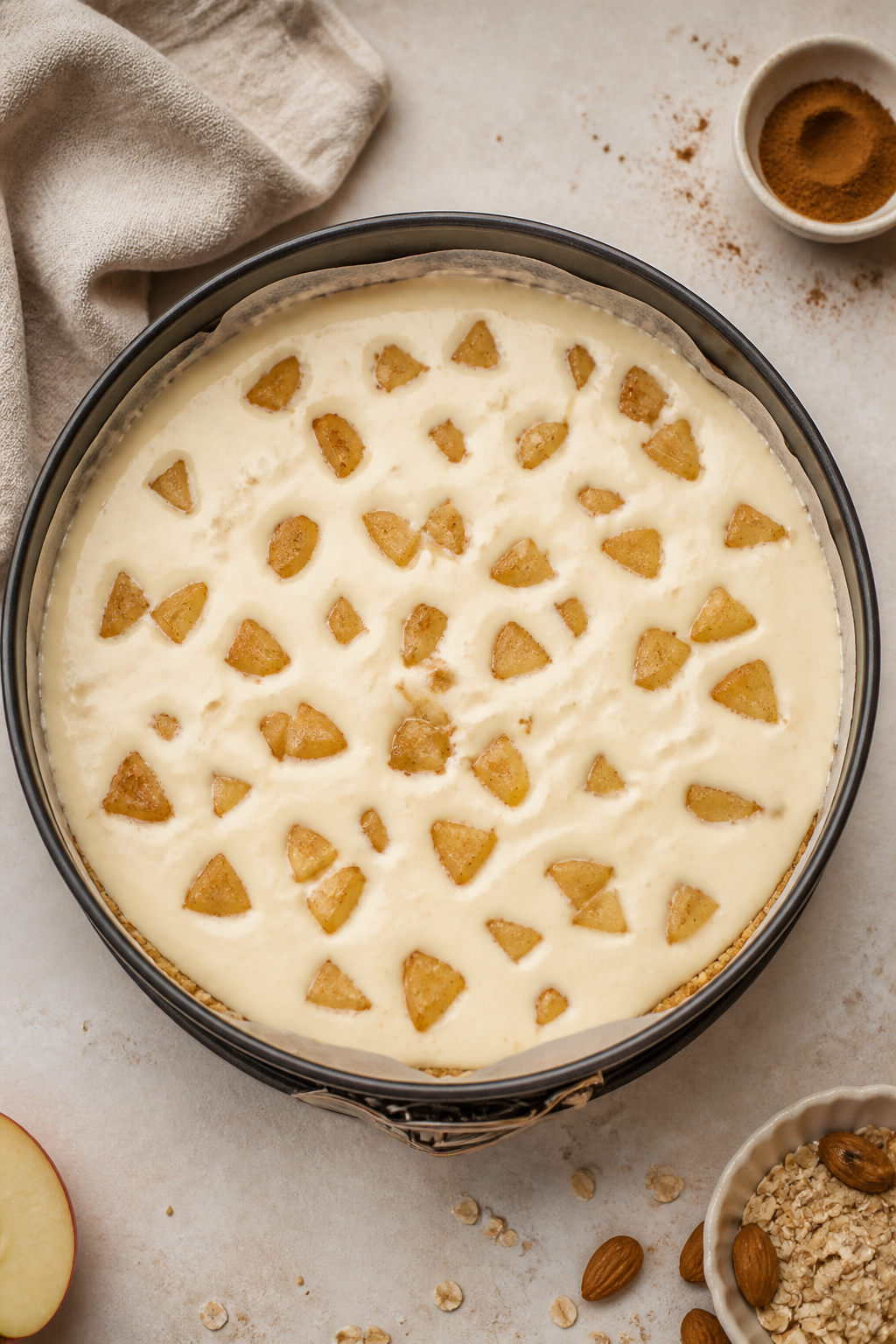 Cooking process: Overhead shot of the cheesecake in a 9-inch springform pan right after layering—h