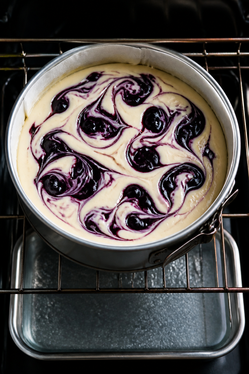 Cooking process: Overhead shot of the cheesecake right after swirling, unbaked filling poured over t