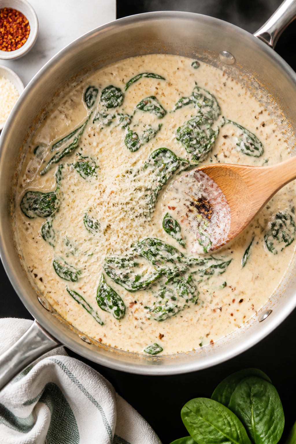 Cooking process: Overhead shot of the creamy sauce stage in a wide skillet—spinach just wilted, Pa