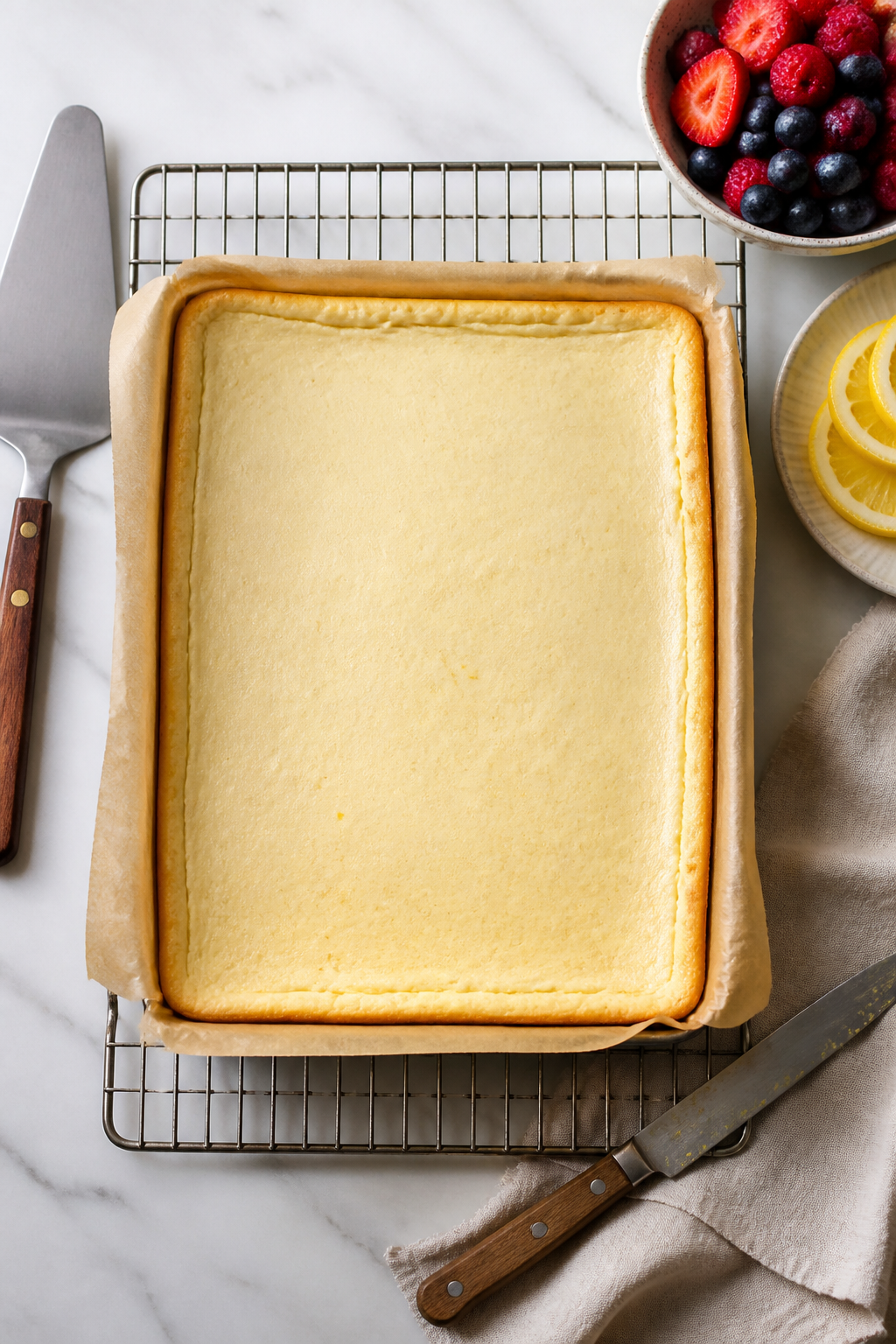 Cooking process: Overhead shot of the freshly baked cheesecake slab cooling on a wire rack, still in