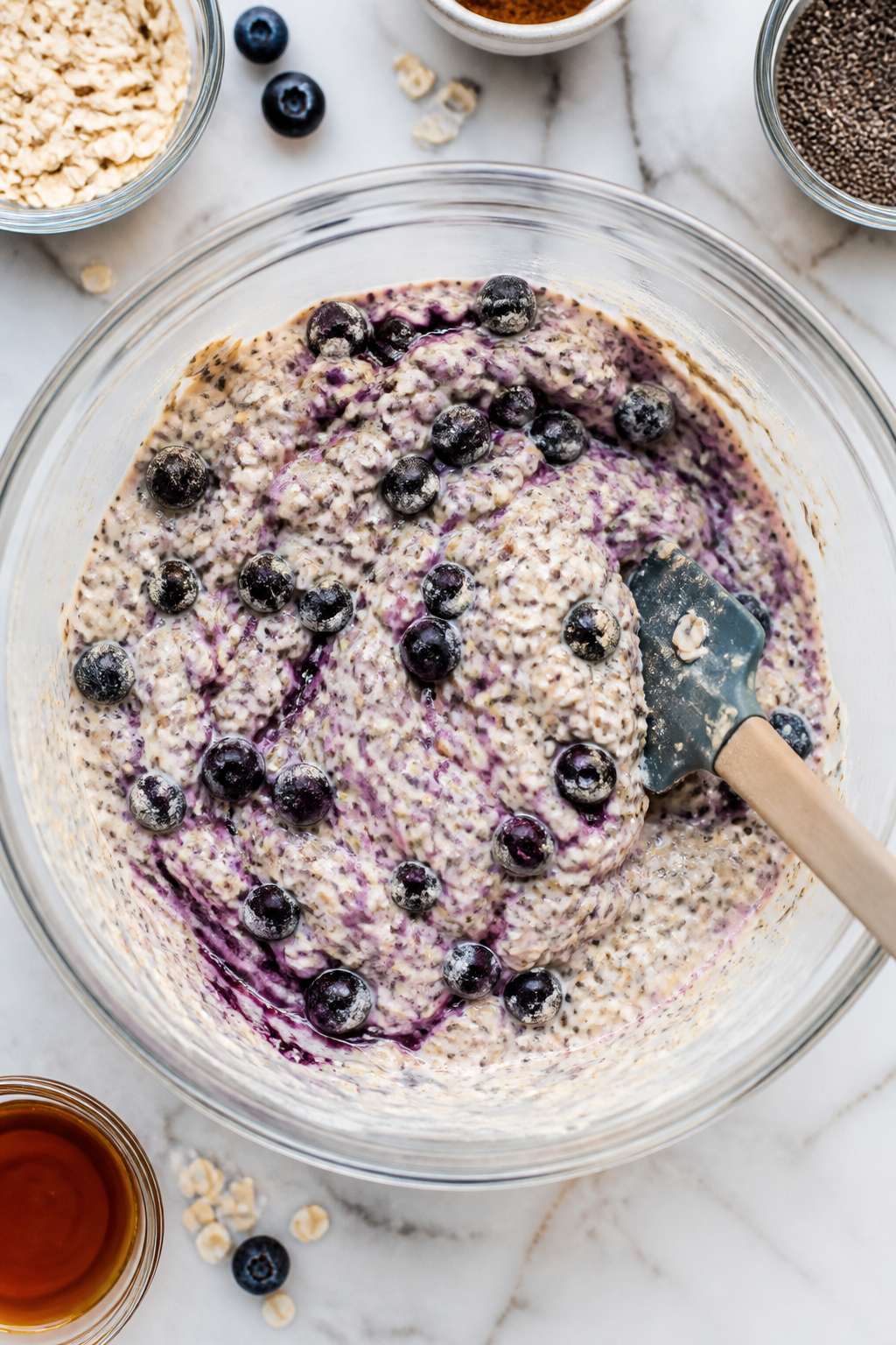 Cooking process: Overhead shot of the mixed base just after folding in blueberries—prepared overni