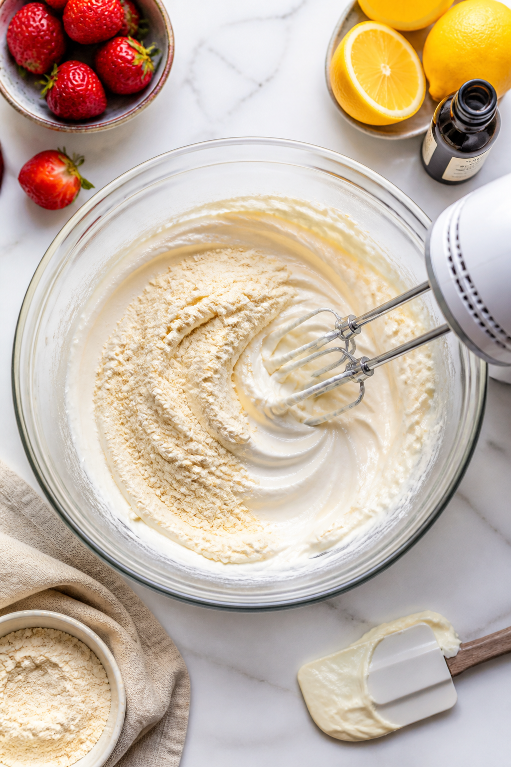 Cooking process: Overhead shot of the mousse base being mixed to silky smoothness in a medium glass 