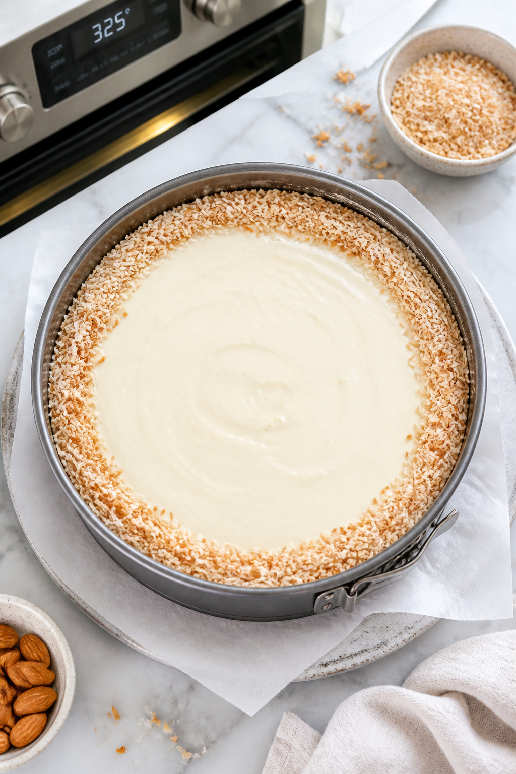 Cooking process: Overhead shot of the par-baked almond flour and toasted coconut crust in a 9-inch s