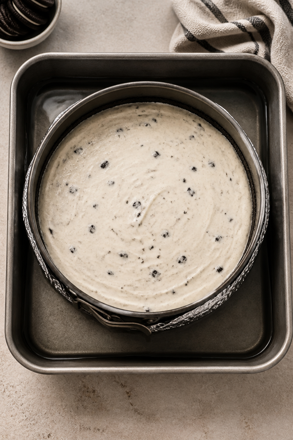 Cooking process: Overhead shot of the par-baked Oreo crust in a 9-inch springform pan being filled w