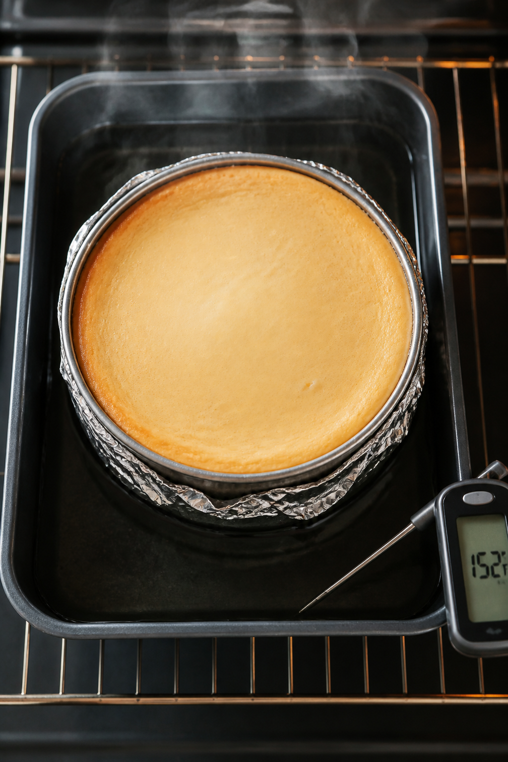 Cooking process: Overhead shot of the peanut butter cheesecake in a foil-wrapped springform pan nest