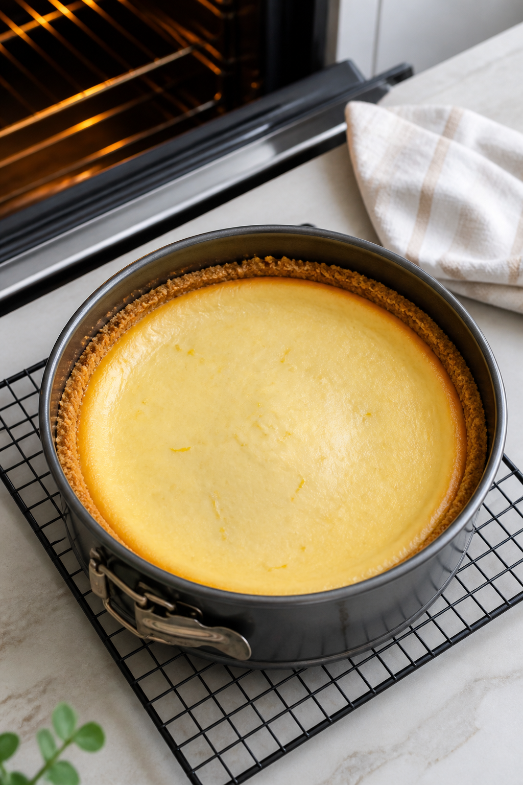 Cooking process: Overhead shot of the prepared cheesecake in a 9-inch springform pan right after bak