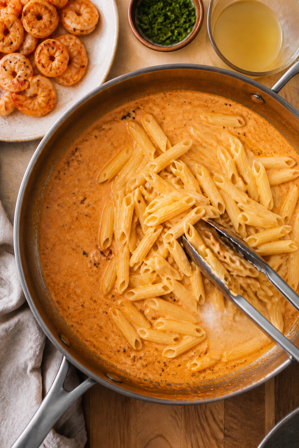 Cooking process: Overhead shot of the sauce-building stage in a wide skillet—creamy chipotle-tomat