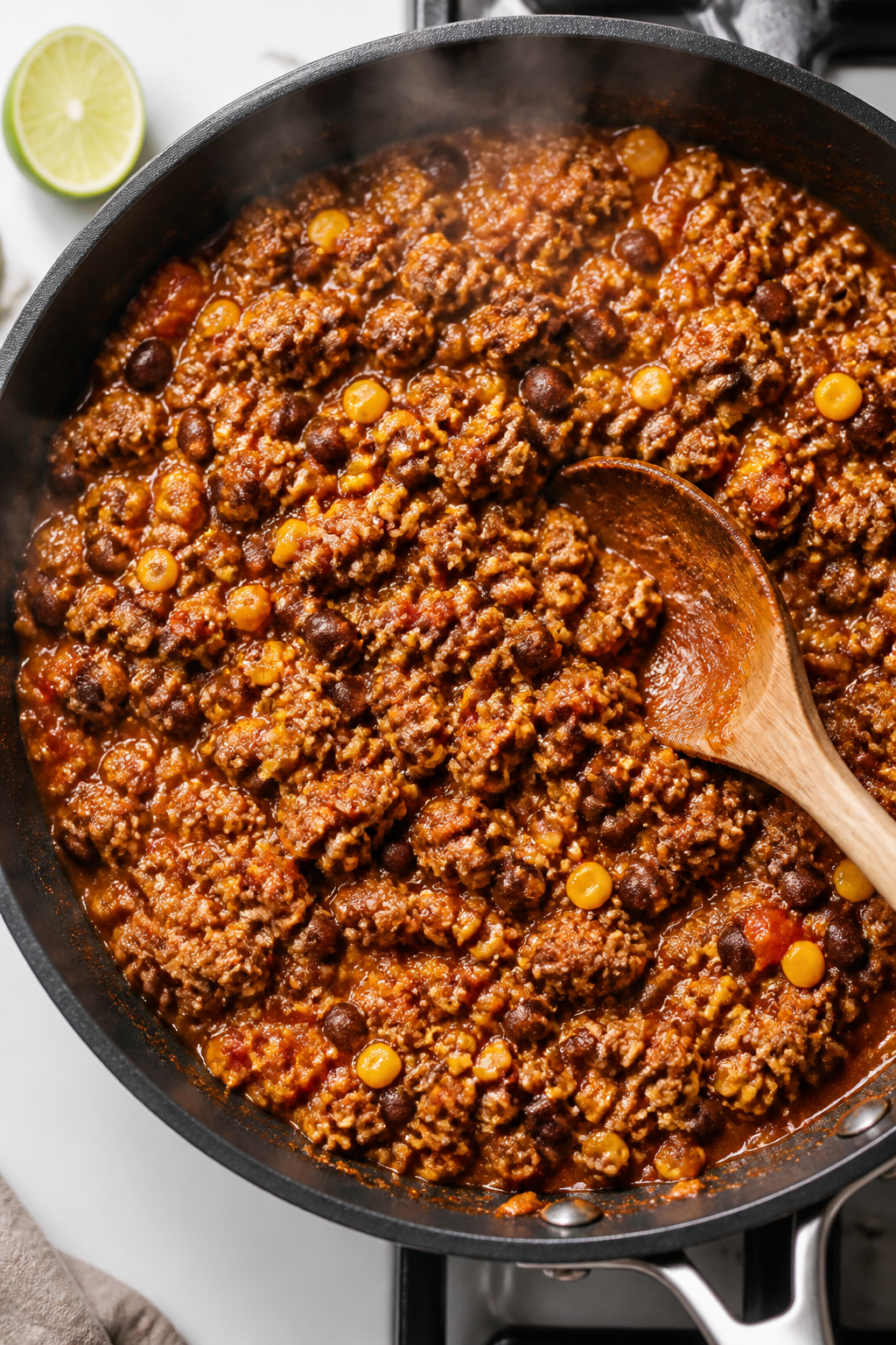 Cooking process: Overhead shot of the skillet filling right after simmering—ground turkey crumbles
