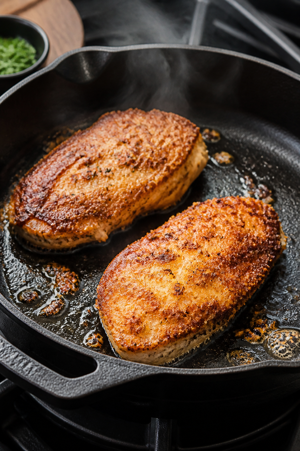 Cooking process — Parmesan-crusted chicken searing in a skillet: Golden-brown chicken breasts with