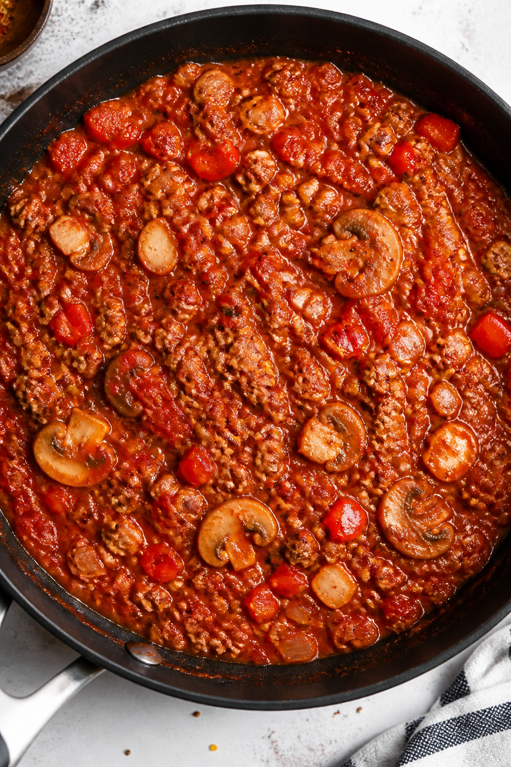 Cooking process: Sautéed vegetable and meat sauce stage in a wide skillet—crumbled browned lean g