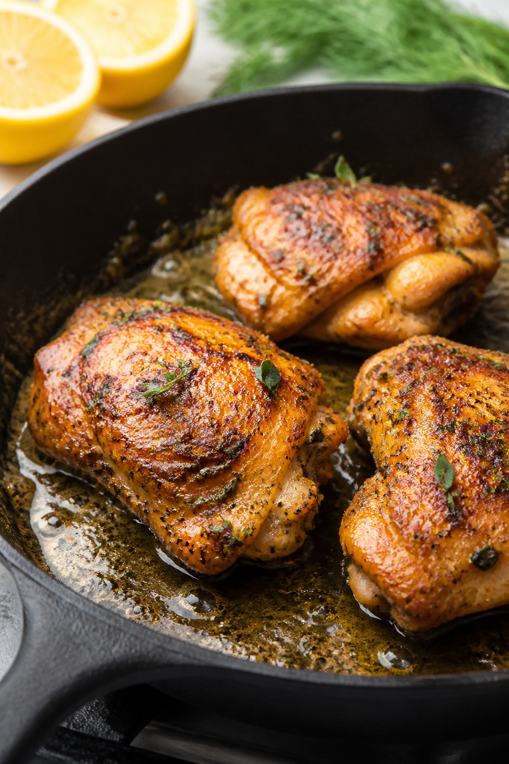 Cooking process – Searing lemon-herb chicken thighs in a cast-iron skillet: golden-brown, lightly 