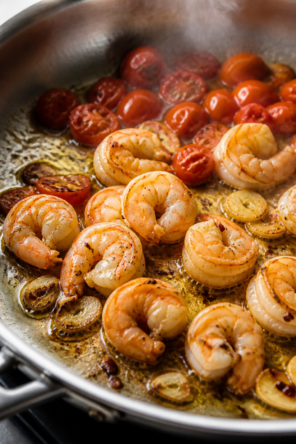 Cooking process — Searing shrimp: Close-up of just-cooked, opaque pink medium-large shrimp sizzlin