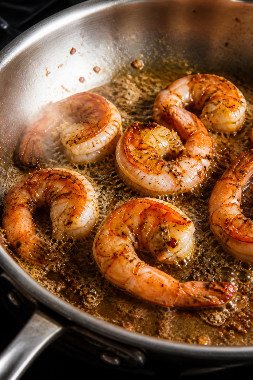 Cooking process – Searing shrimp: Close-up of just-cooked large shrimp in a stainless-steel skille