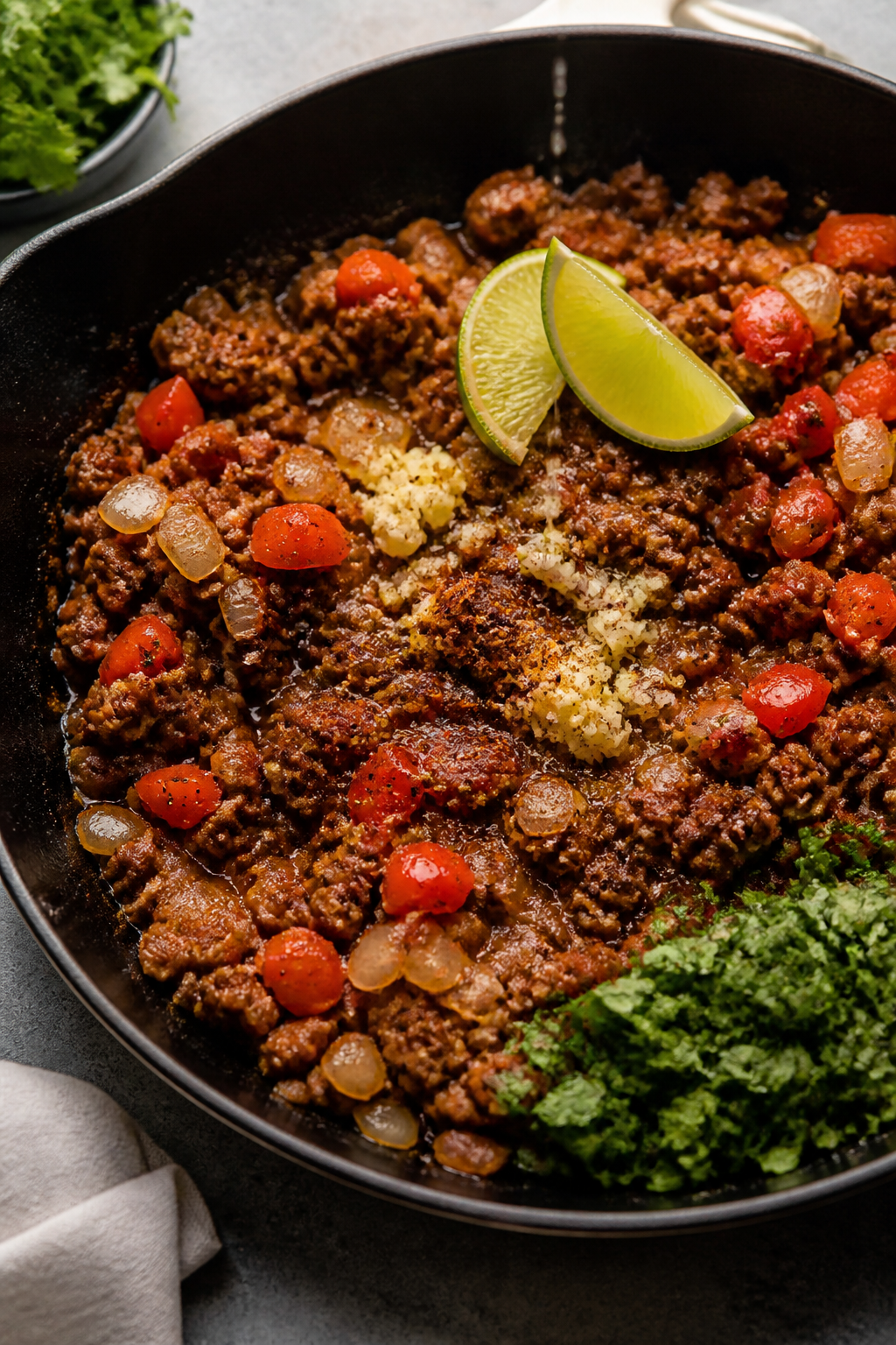 Cooking process: Seasoned ground beef sizzling in a skillet with softened yellow onion and red bell 