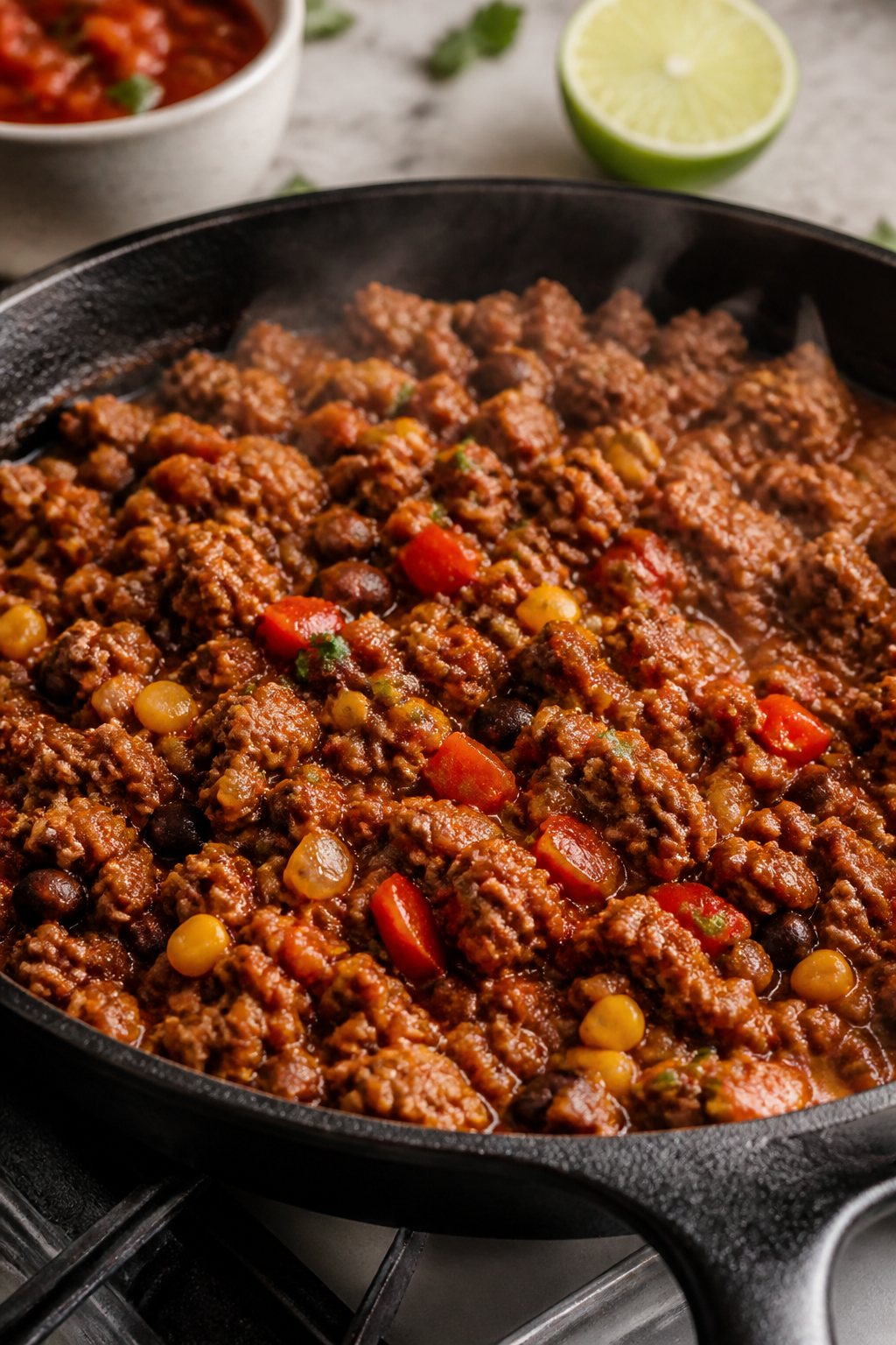 Cooking process — Seasoned taco protein: Close-up of browned lean ground turkey simmering in a ski