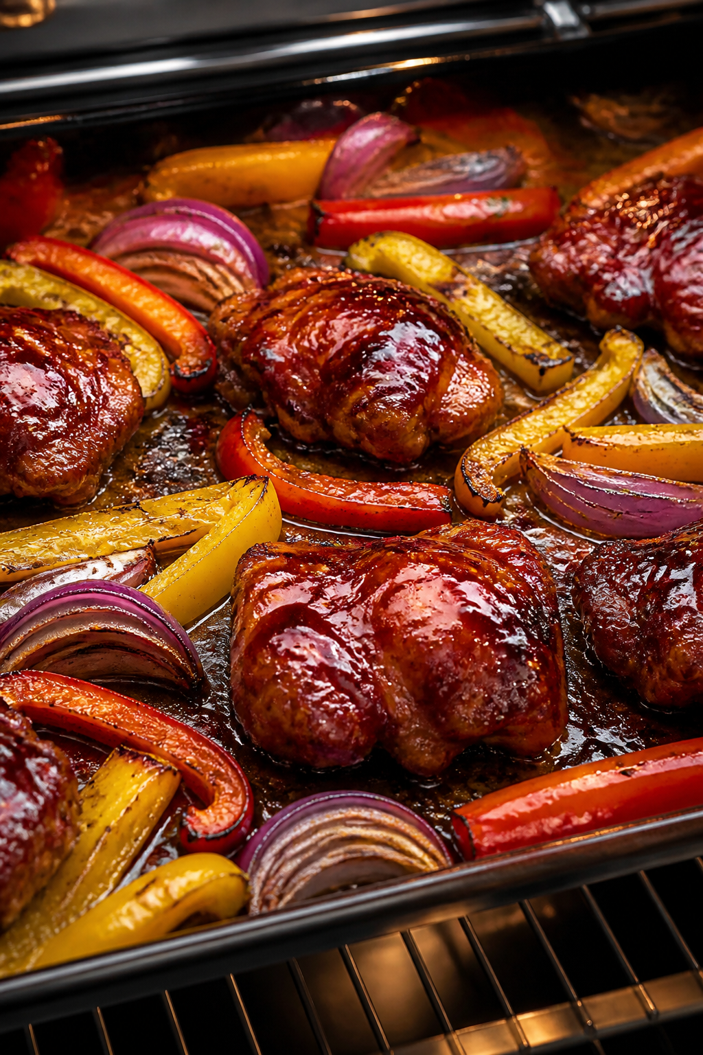 Cooking process: Sheet pan in the oven near doneness showing roasted red and yellow bell pepper stri