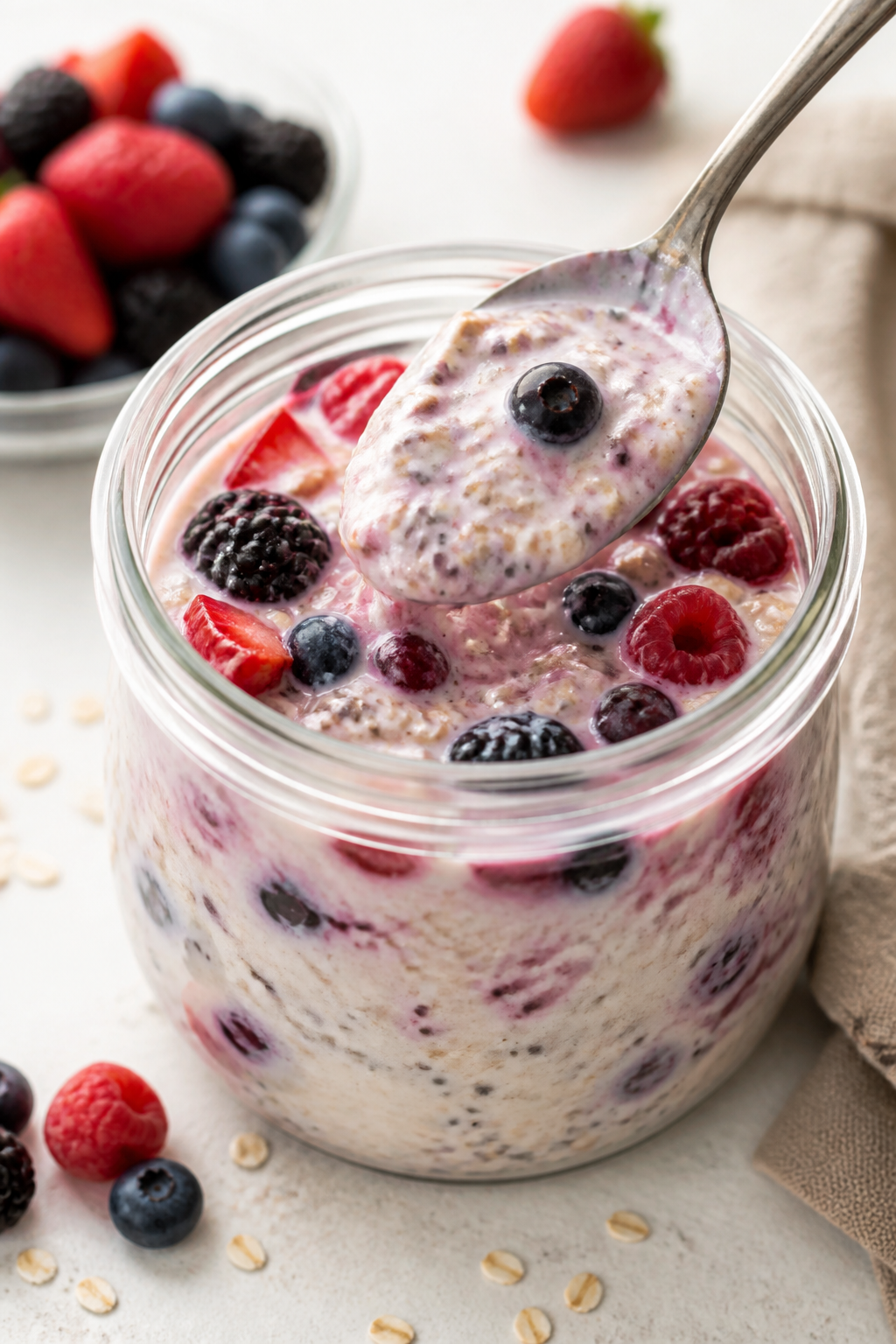 Cooking process shot: A 12–16 oz glass jar on a clean countertop with the overnight oats mixture j