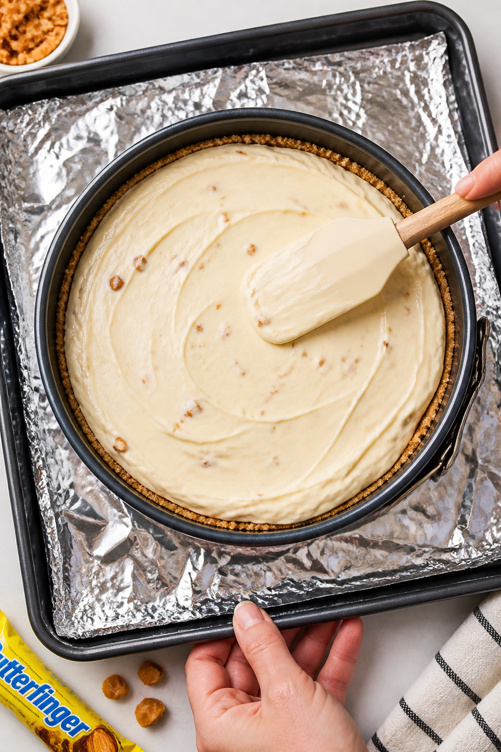 Cooking process shot: Overhead image of the pre-baked crust and freshly poured filling being smoothe