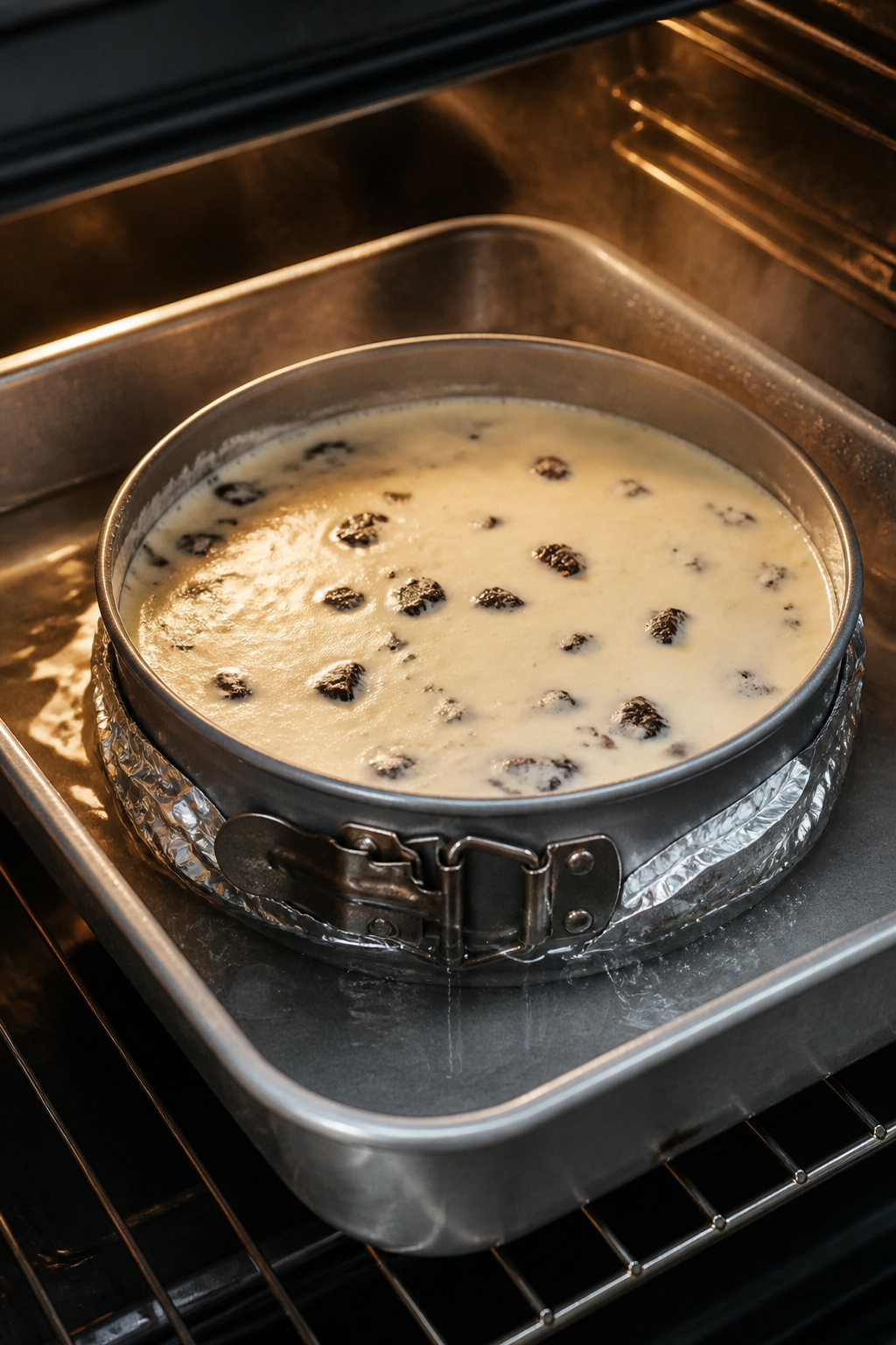 Cooking process shot: The foil-wrapped 9-inch springform pan set inside a large roasting pan water b