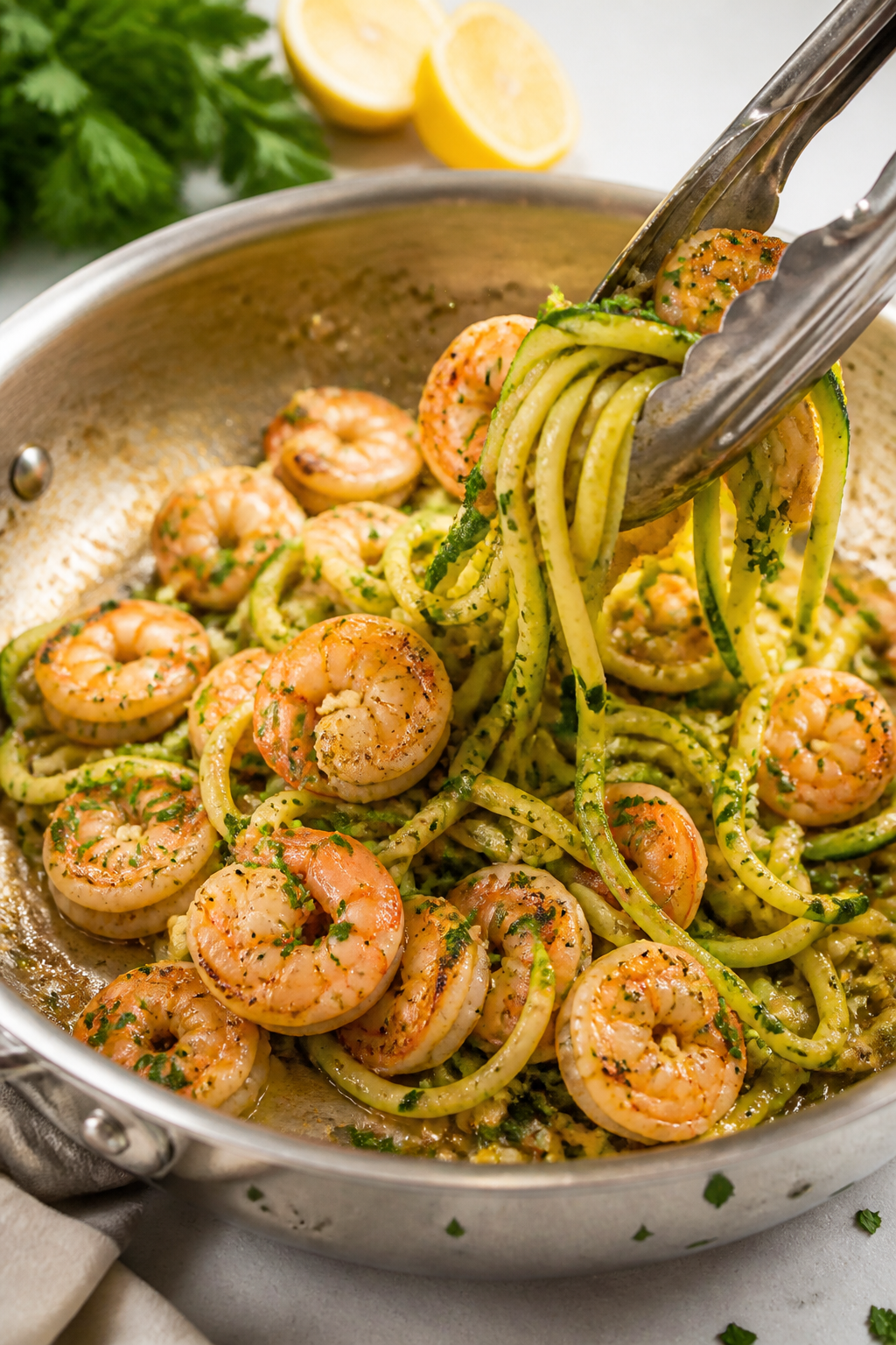 Cooking process shot: Zucchini noodles being tossed in the garlicky scampi sauce in a wide stainless