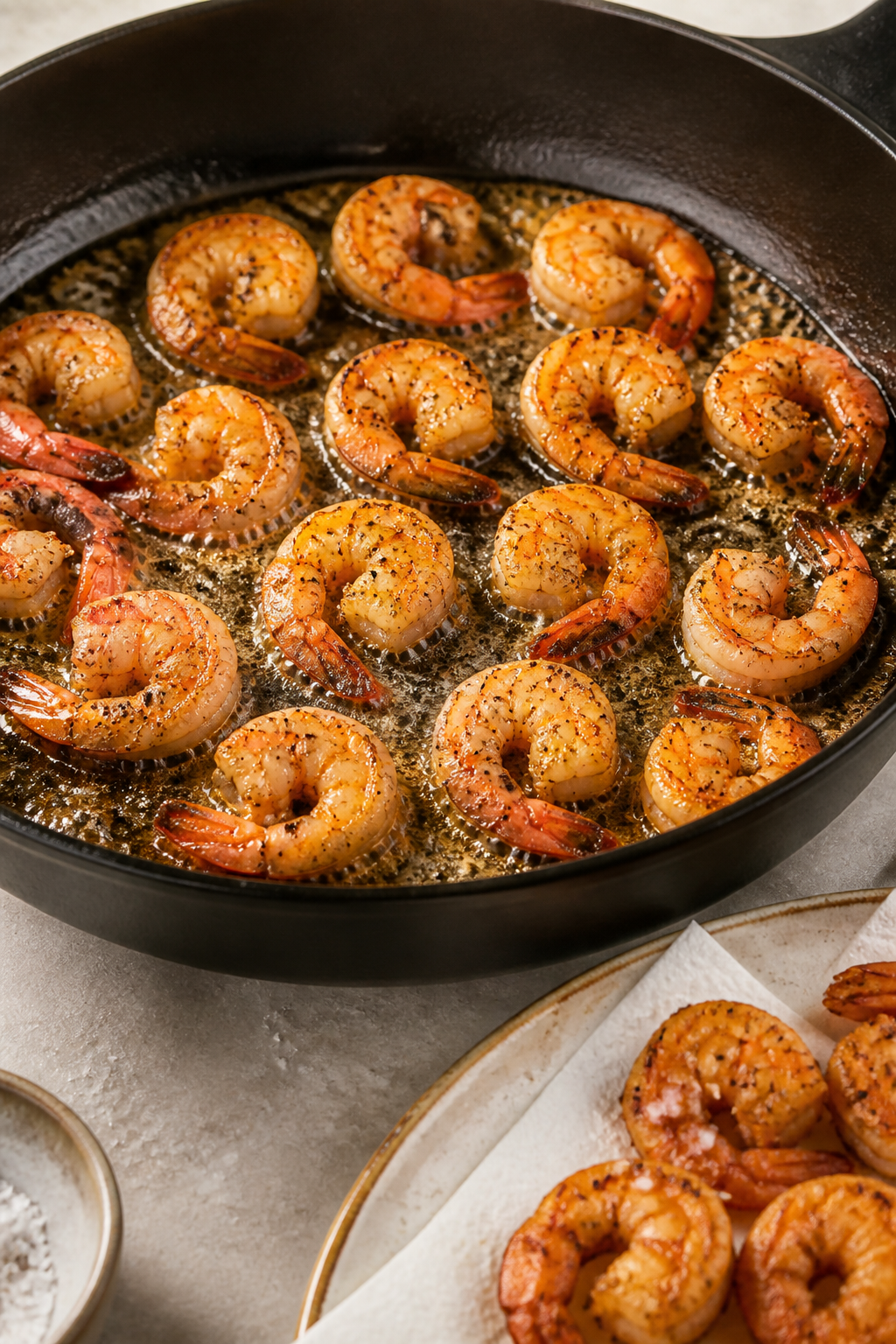 Cooking process: Shrimp frying in a large skillet in a single layer, oil gently bubbling around each