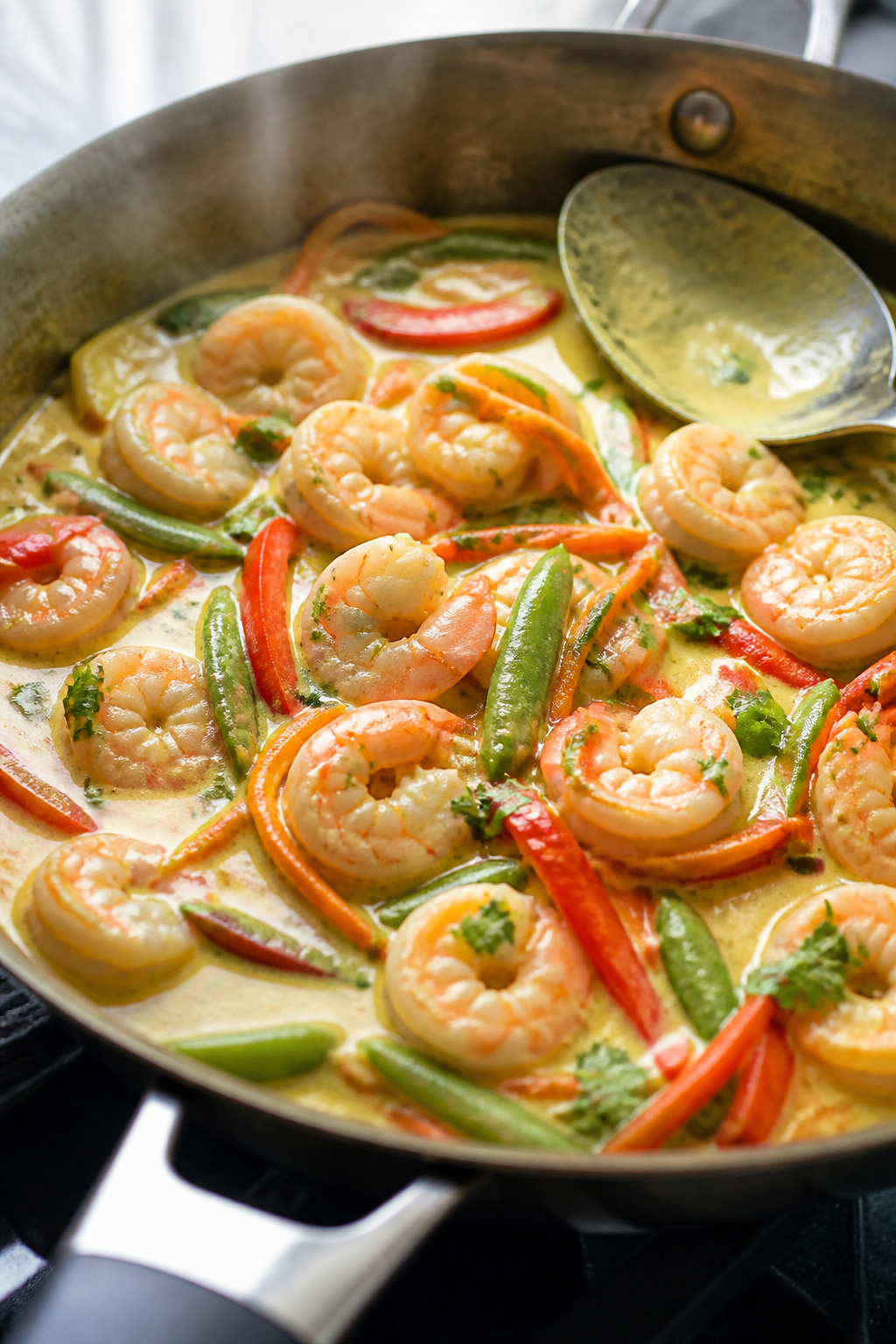 Cooking process — shrimp poaching in sauce: Wide close-up of plump pink shrimp simmering in a silk