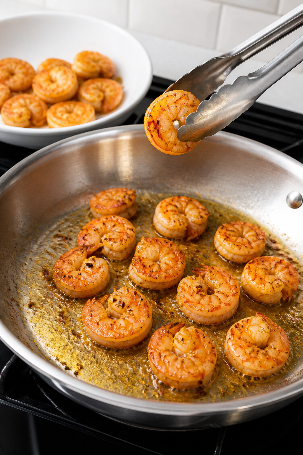 Cooking process: Shrimp searing in a single layer in a large stainless skillet, lightly crisped from