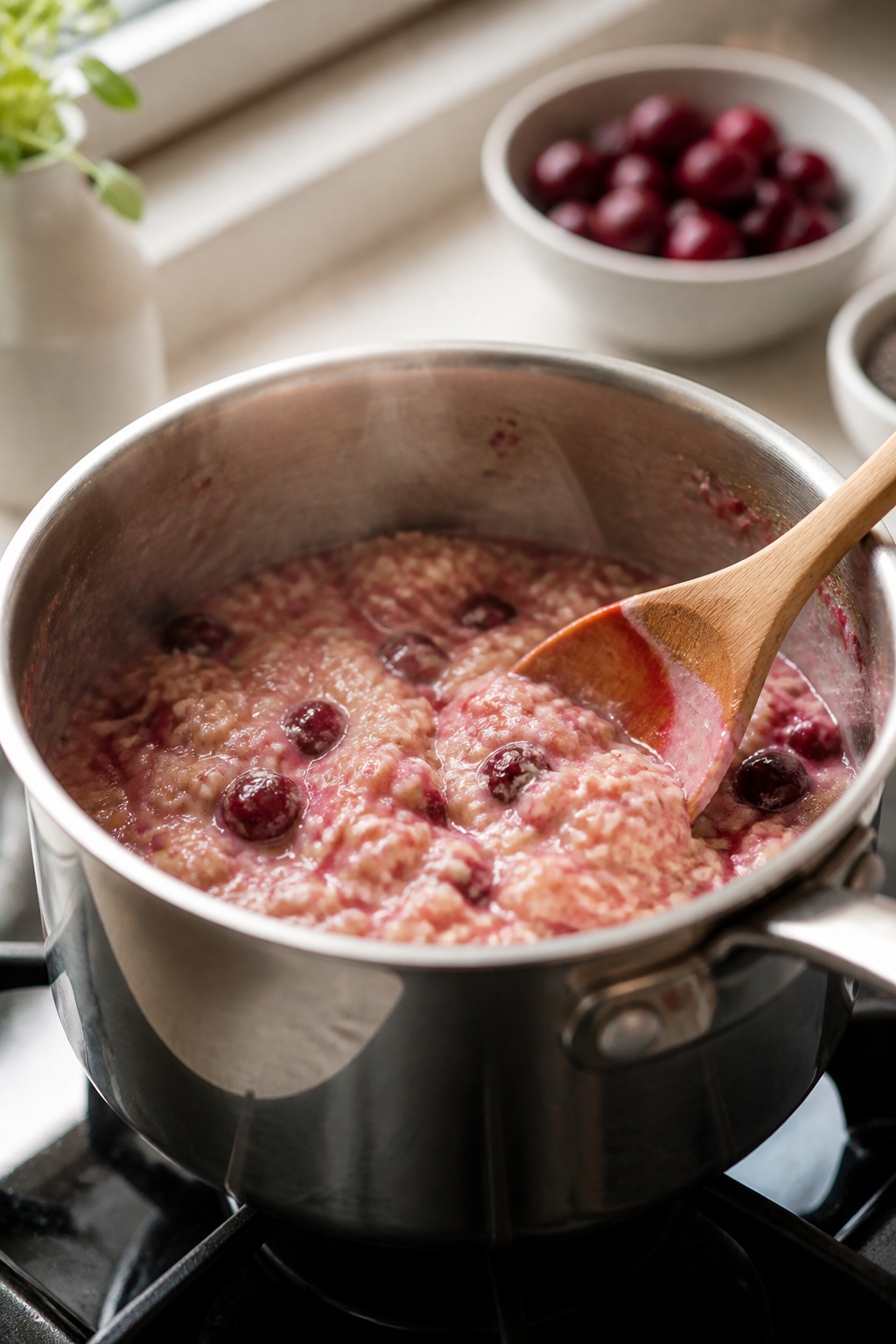Cooking process, side angle: Creamy cherry vanilla oatmeal simmering in a small stainless saucepan o