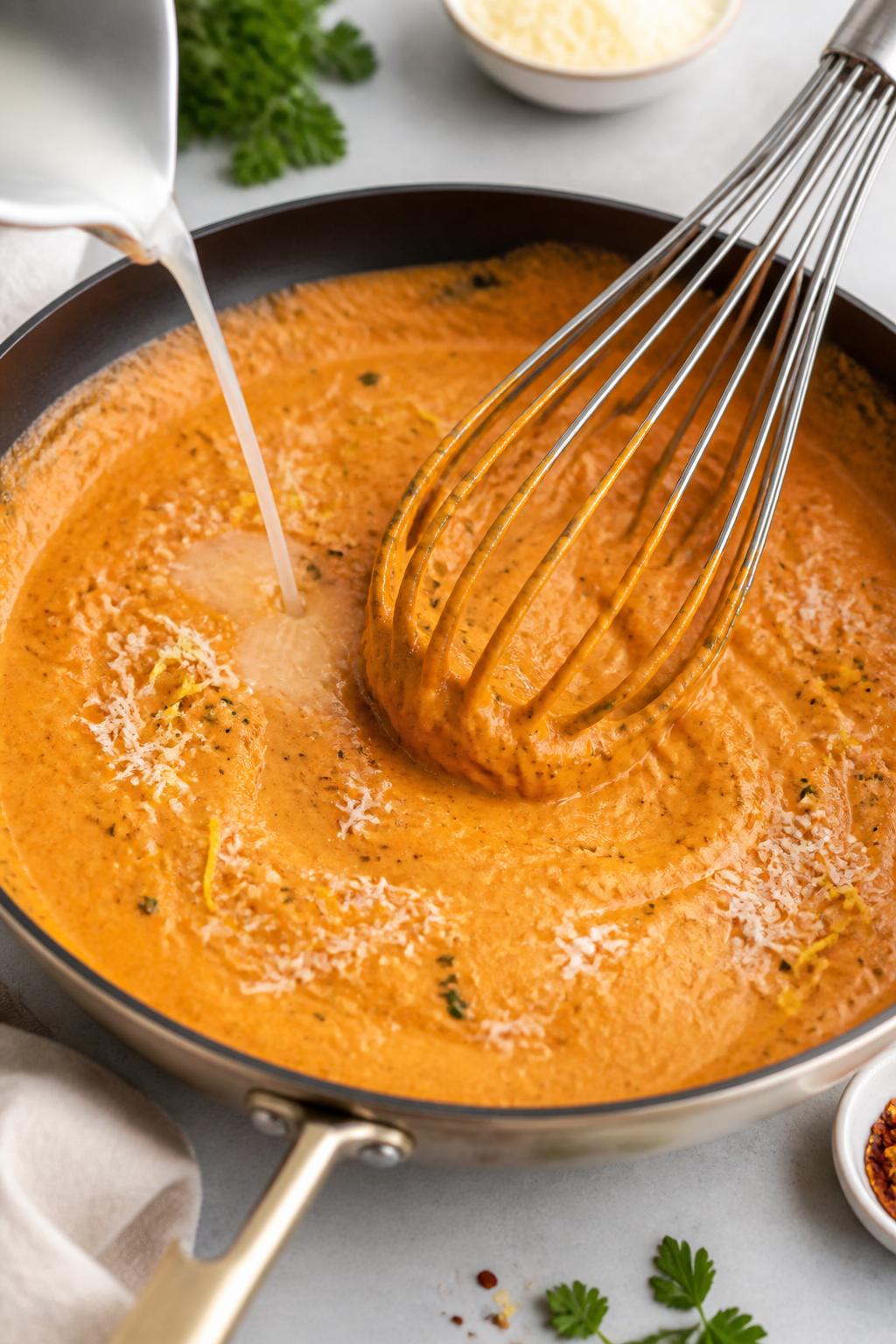 Cooking process: Silky Cajun cream sauce being whisked to smoothness in a skillet—creamy orange-re