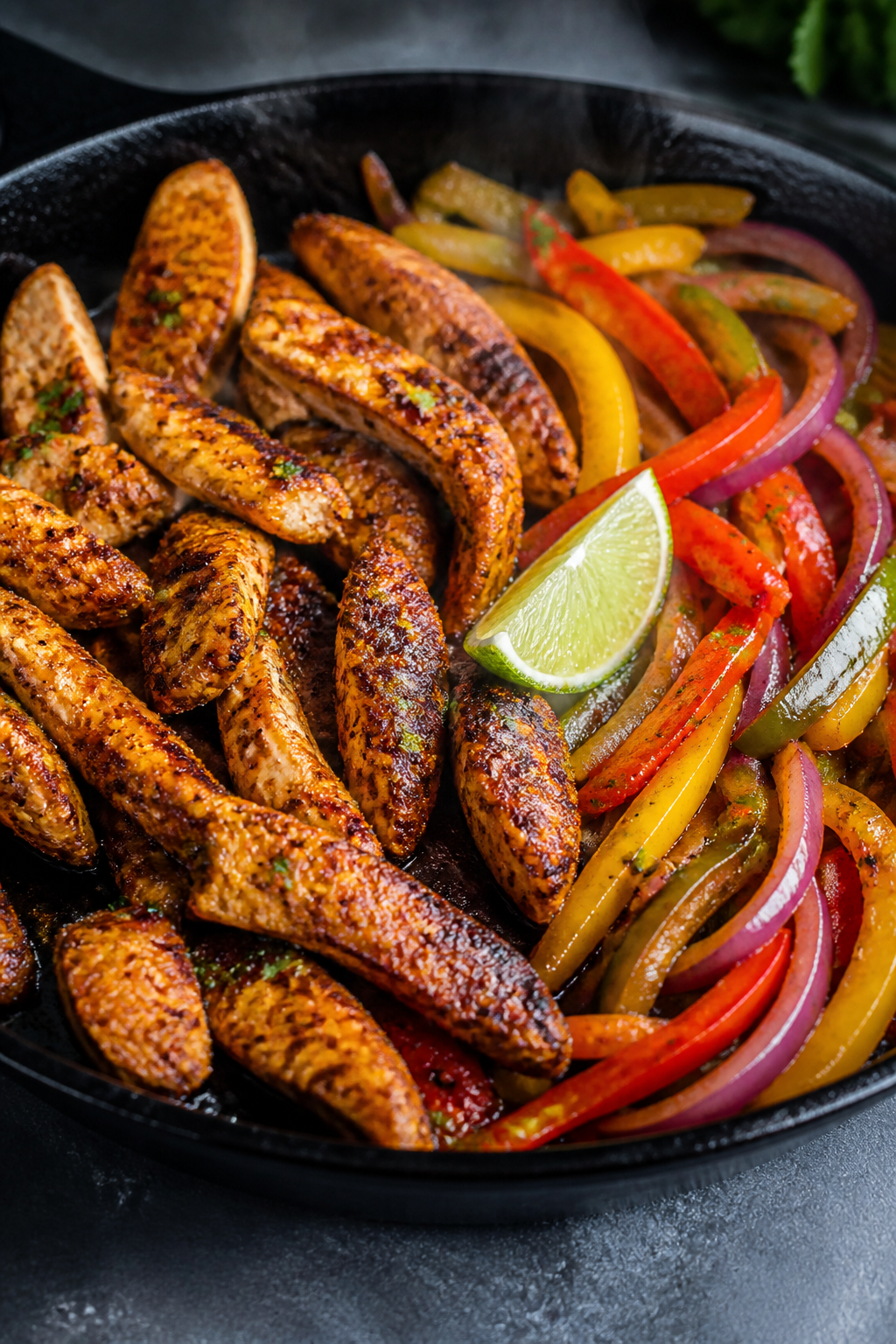 Cooking process — sizzling chicken fajitas in skillet: Close-up of thinly sliced chicken breast st