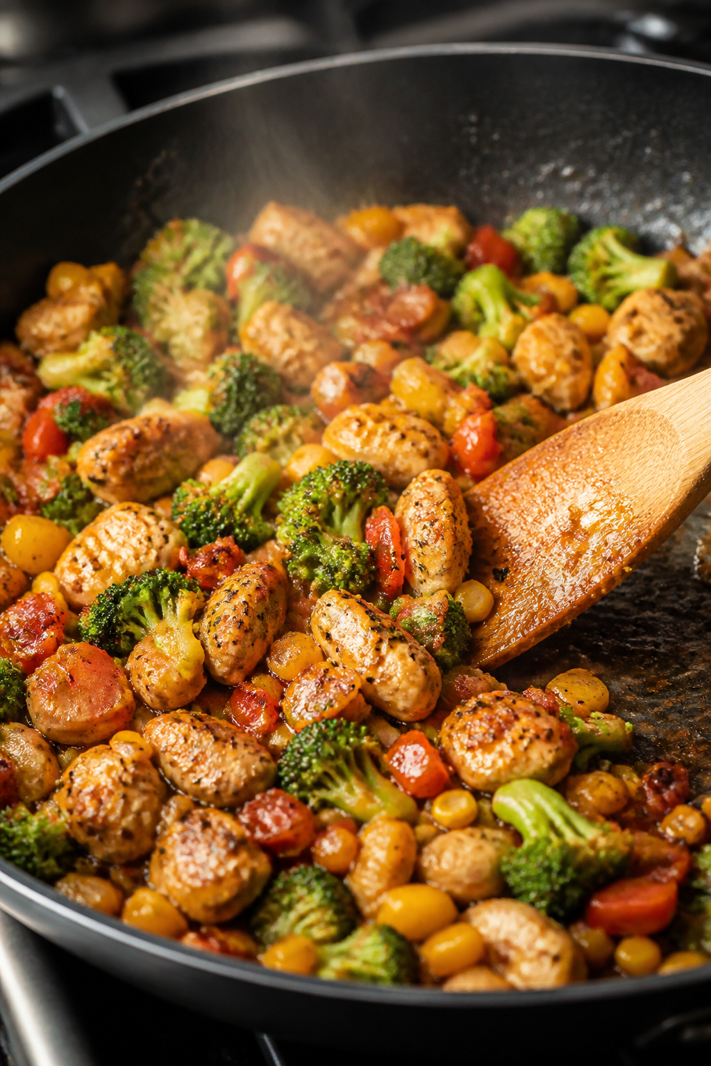 Cooking process, skillet action: Sizzling chicken bacon ranch mix in a large black skillet over medi