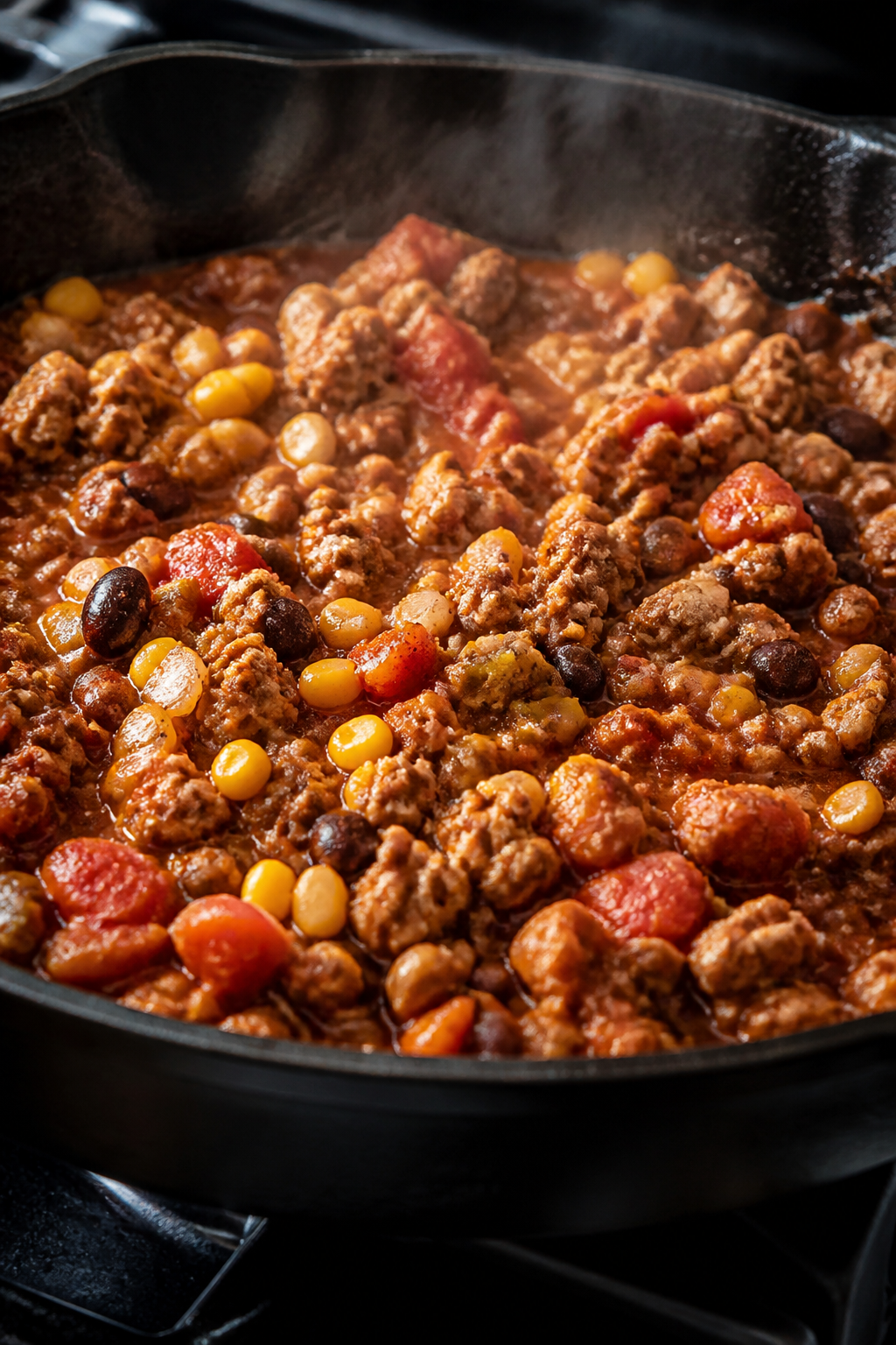 Cooking process, skillet close-up: Close-up of seasoned ground turkey simmering with diced onion, ga