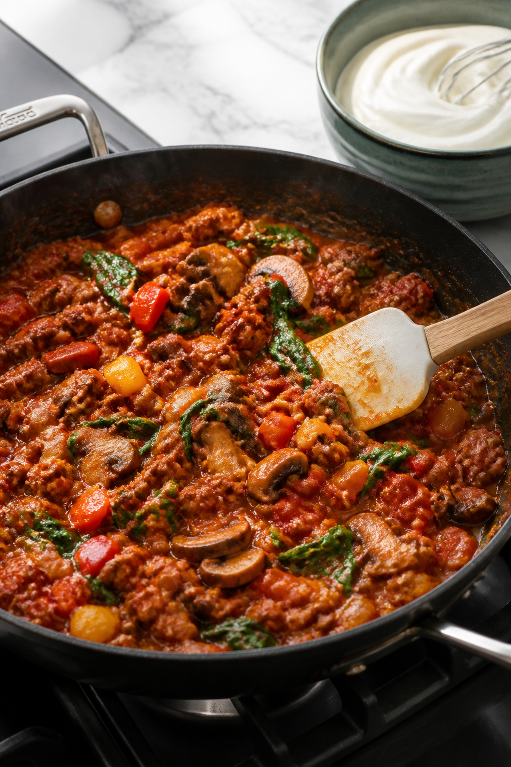 Cooking process: Skillet scene showing the saucy protein-and-veg base being combined—ground turkey