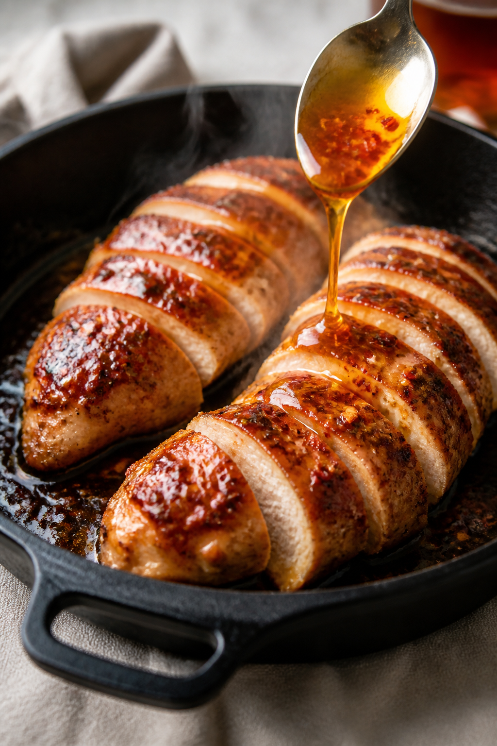 Cooking process: Sliced, just-cooked chicken breasts in a cast-iron skillet being drizzled with glos