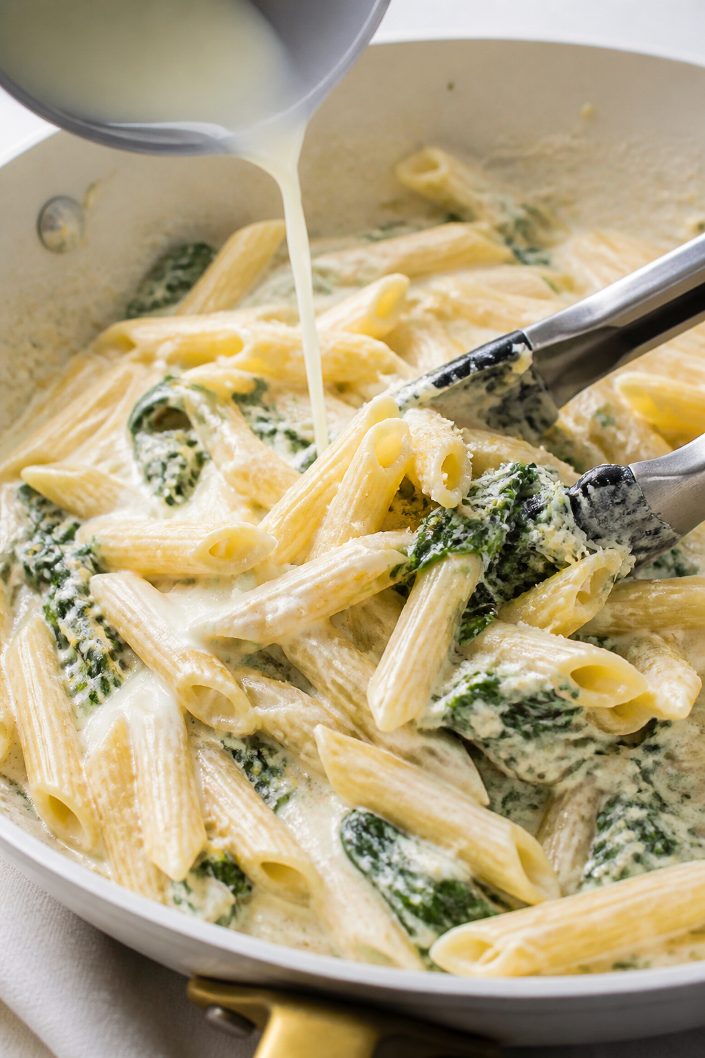 Cooking process: Spinach wilting in a creamy yogurt-Parmesan-lemon zest sauce in a wide sauté pan,