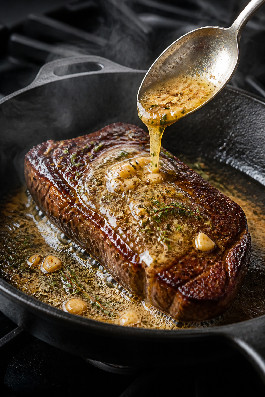 Cooking process: Steak in a sizzling cast-iron skillet mid-baste, spoon pouring melted garlic butter