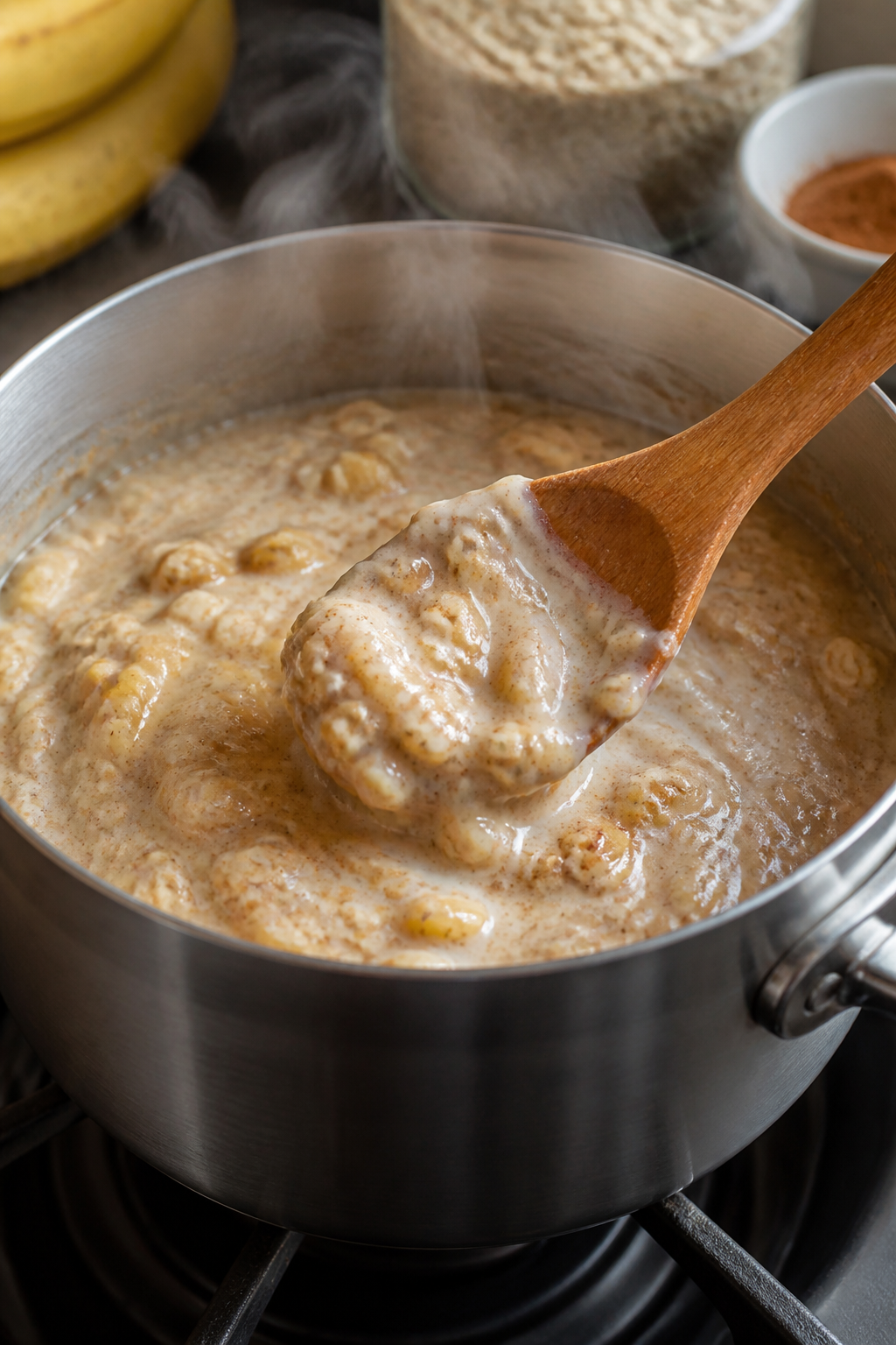 Cooking process, stovetop: A medium saucepan of banana bread high-protein oatmeal just reaching a ge