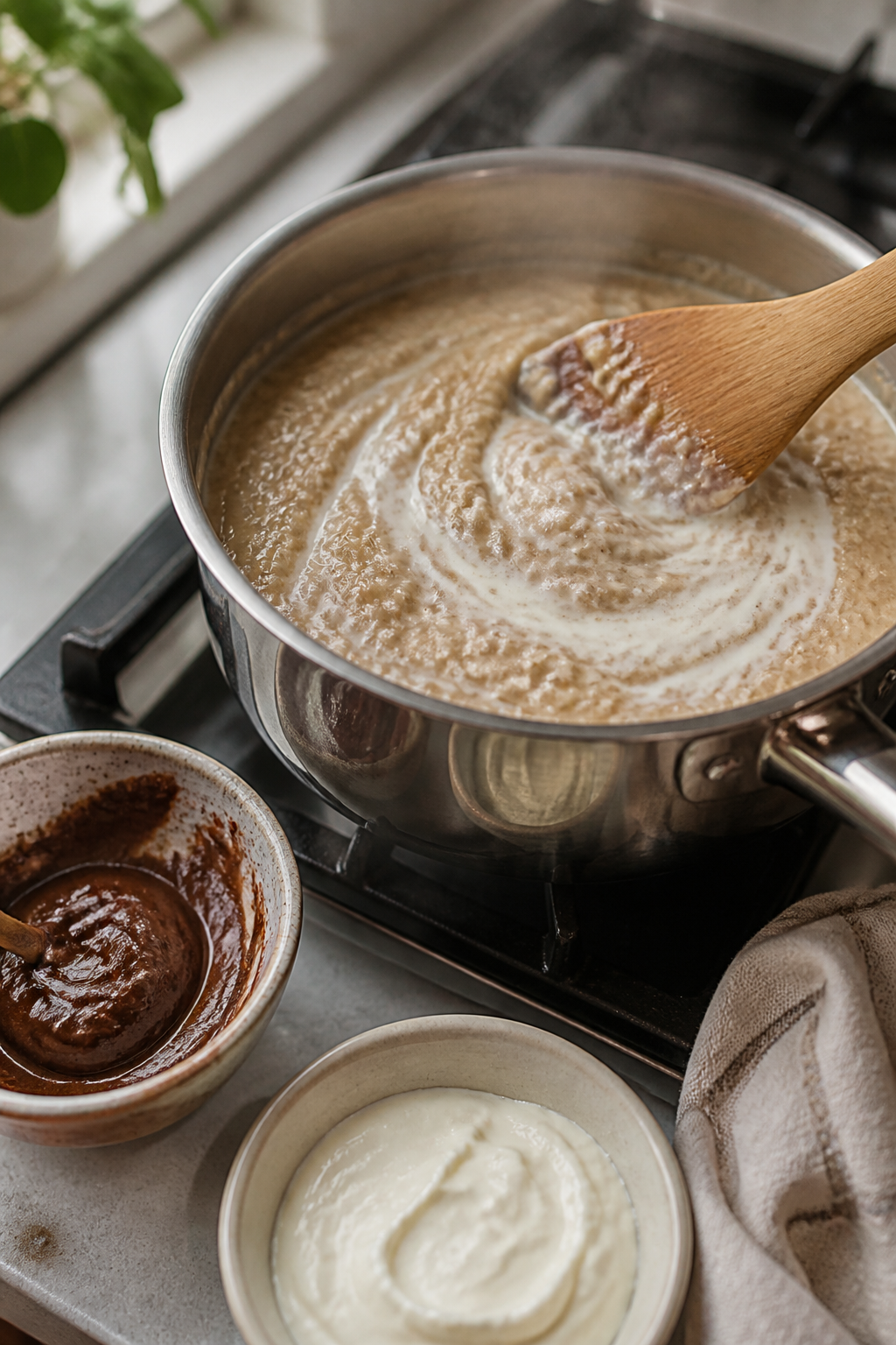 Cooking process, stovetop: A tight, three-quarter angle shot of creamy rolled oats simmering in a sm