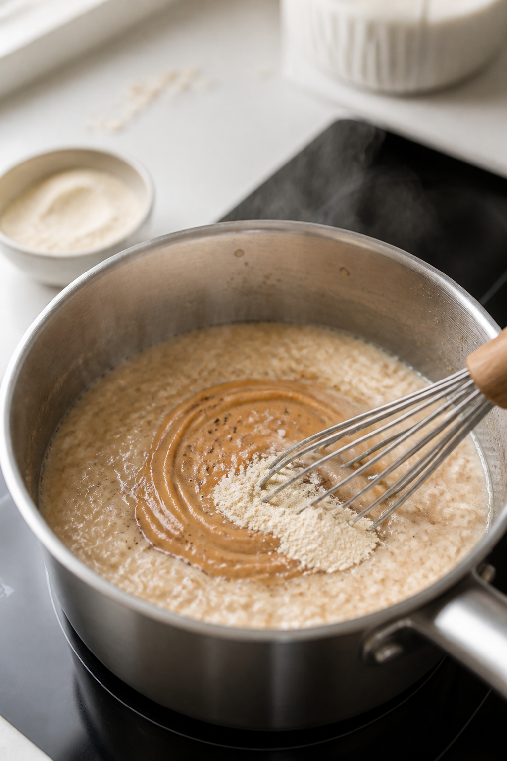Cooking process, stovetop: Close-up of creamy peanut butter cheesecake protein oatmeal simmering in