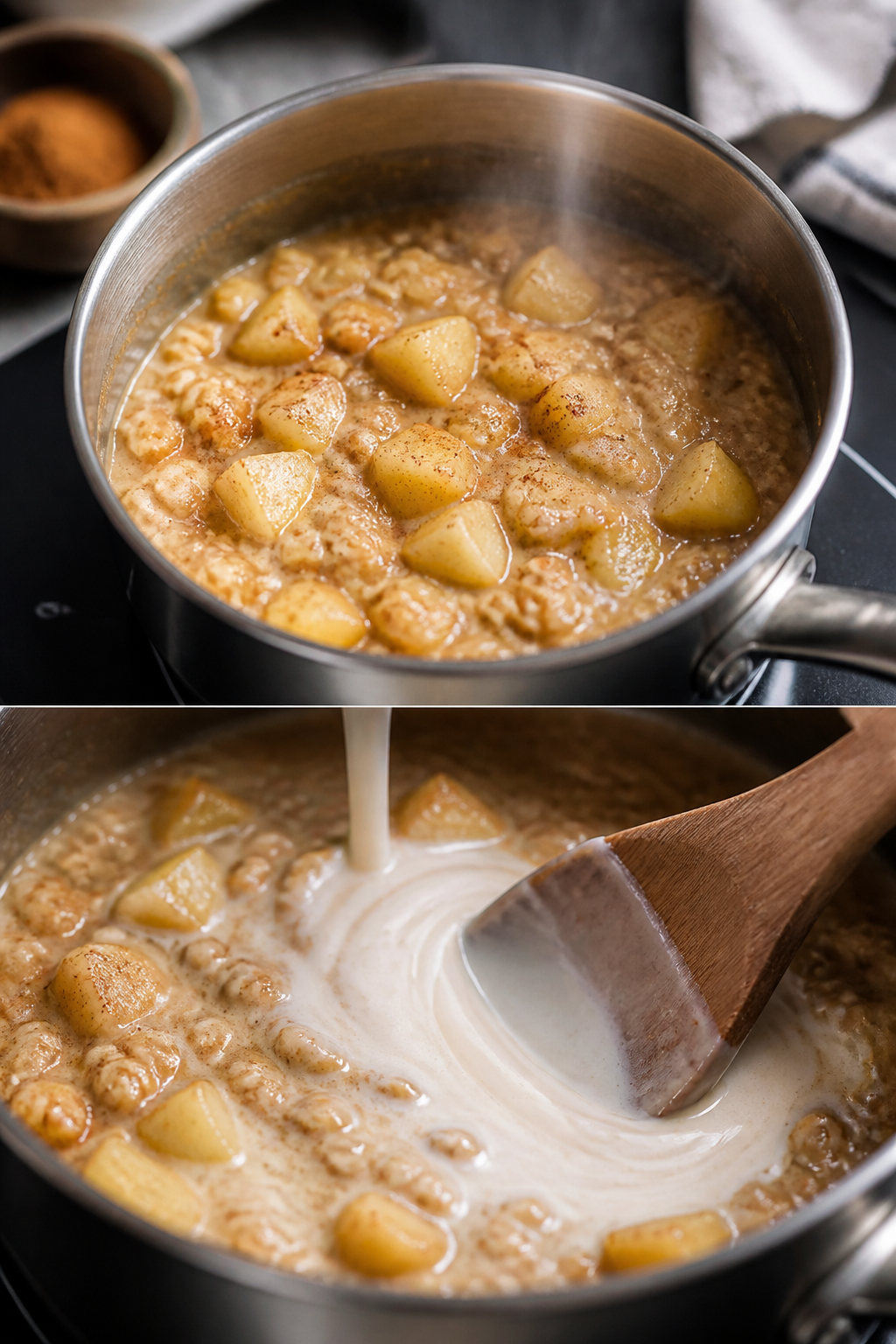 Cooking process, stovetop scene: A small saucepan of simmering apple pie high protein oatmeal on low