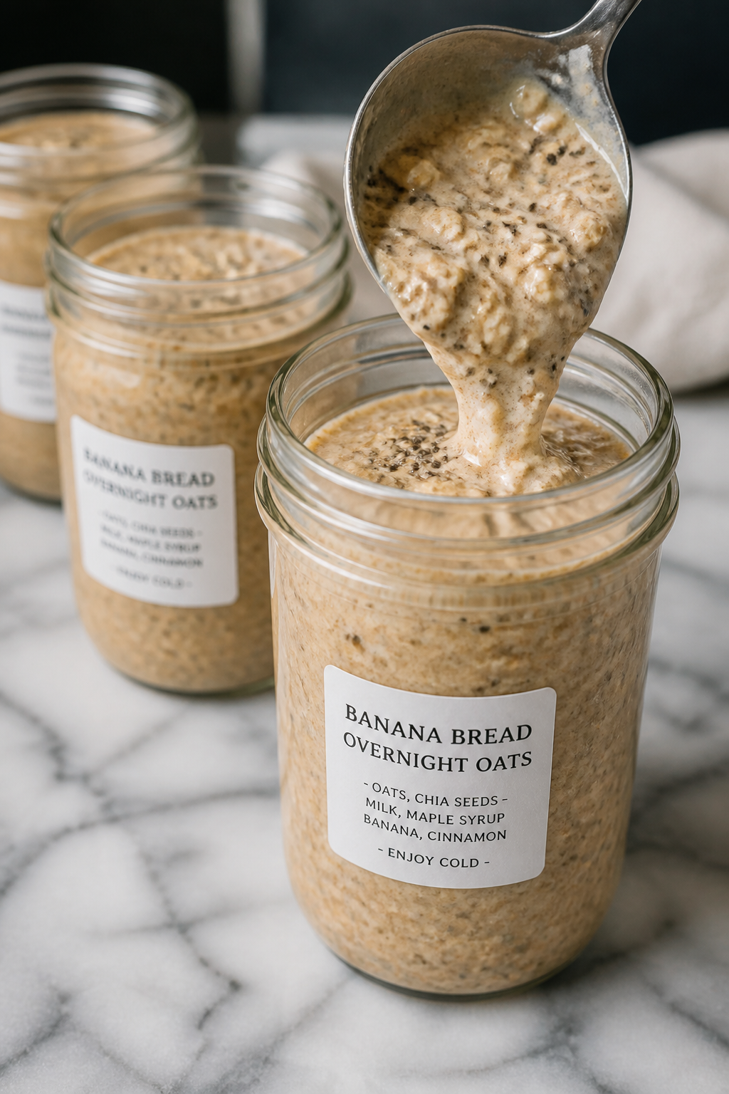 Cooking process: The oats mixture being portioned into glass jars for meal prep—thick, cinnamon-fl