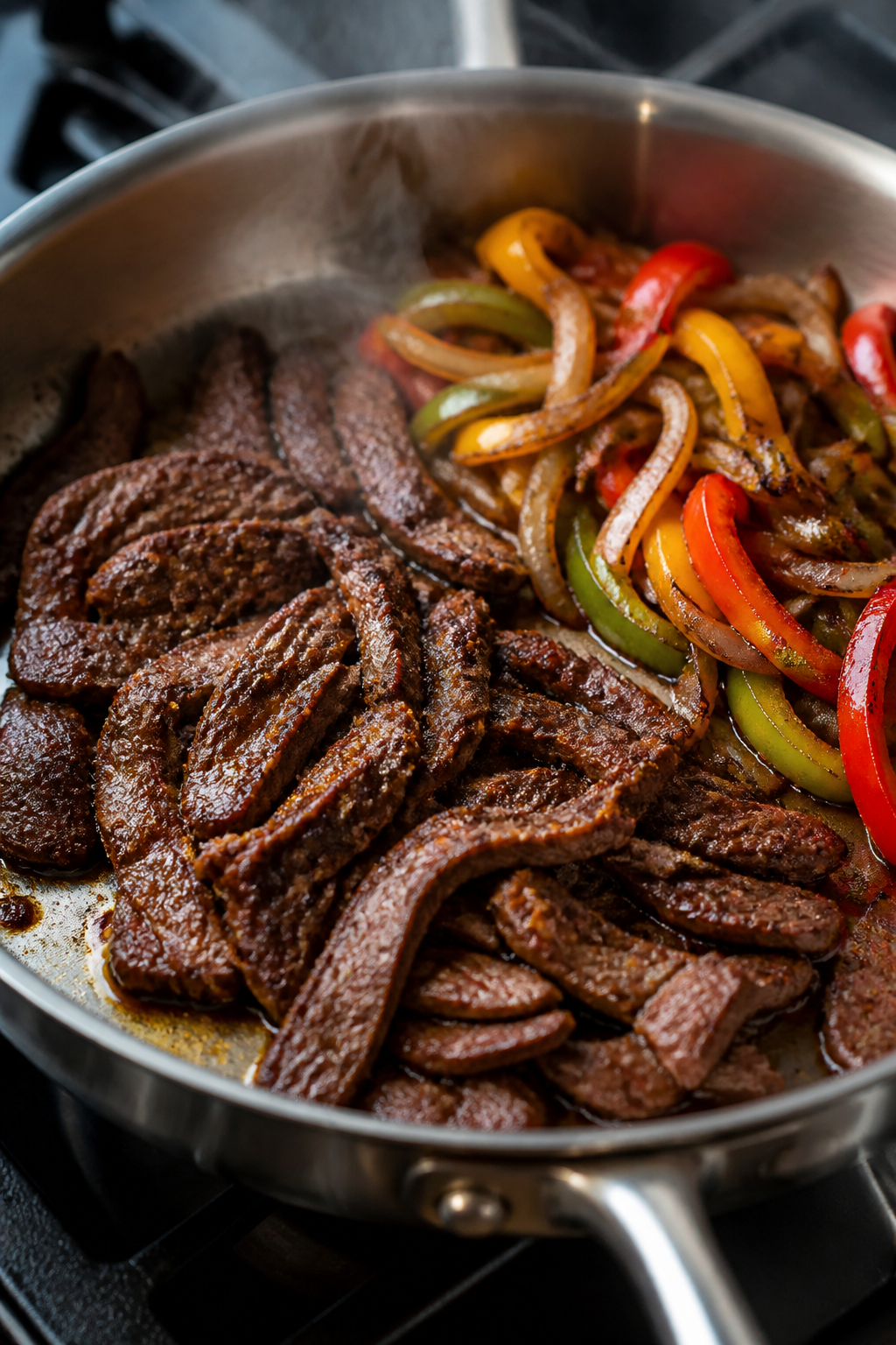 Cooking process: Thin-sliced sirloin searing in a ripping-hot stainless steel skillet in small batch