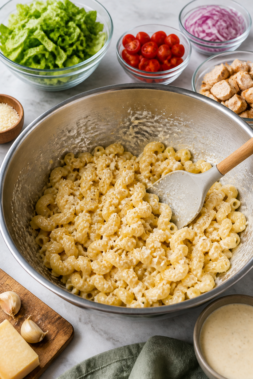Cooking process: Tossing cooled, rinsed short pasta with the first half of the Caesar dressing in a