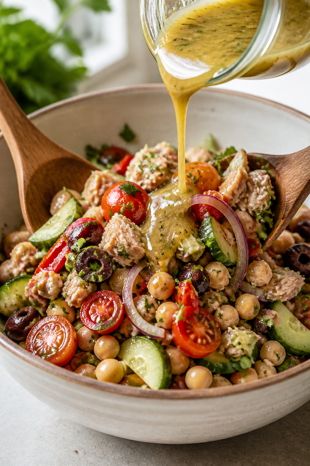 Cooking process – Tossing the salad: A large ceramic mixing bowl filled with prepared Mediterranea