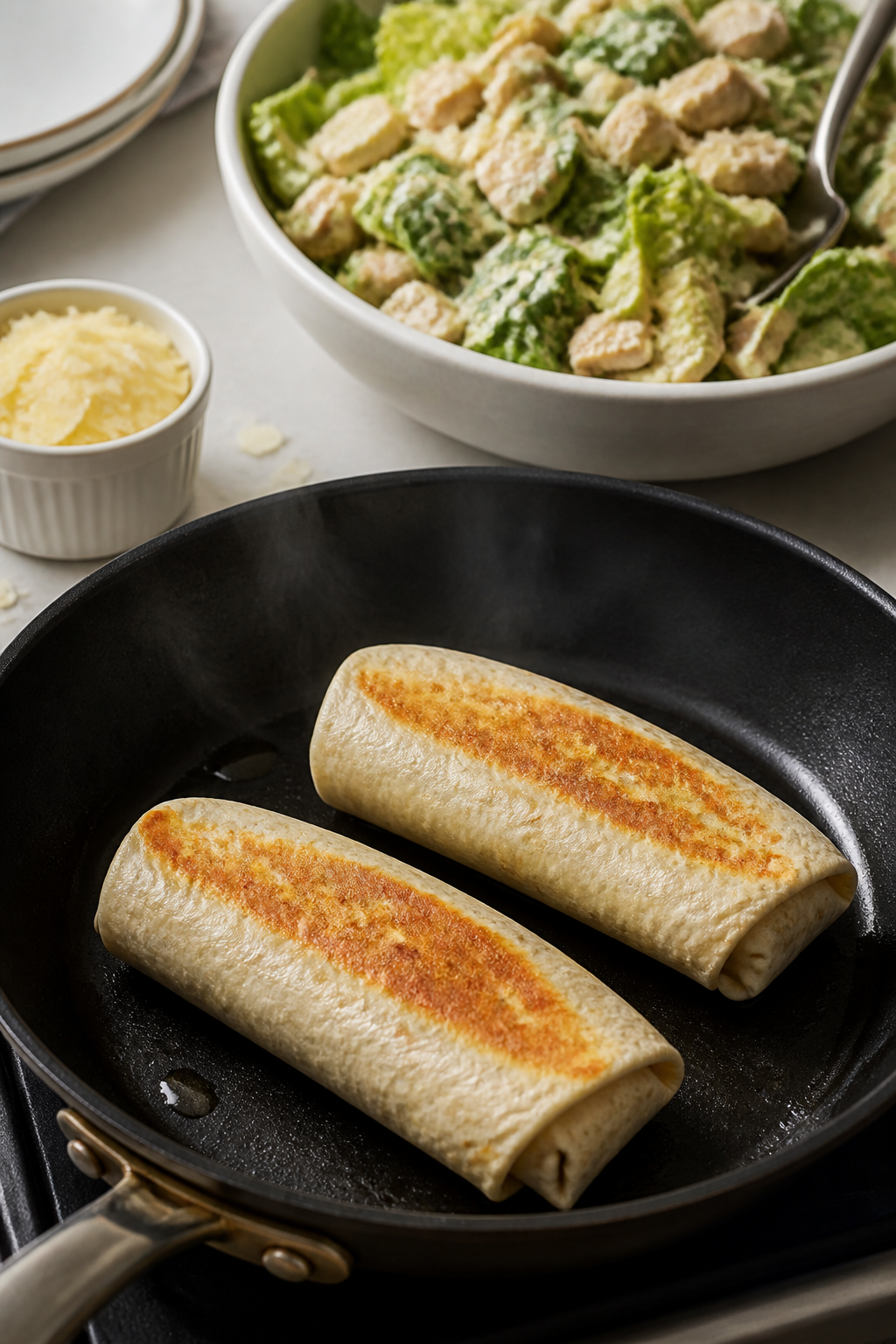 Cooking process: Warm tortillas in a dry skillet, seam-side-down wrap being lightly seared to seal; 