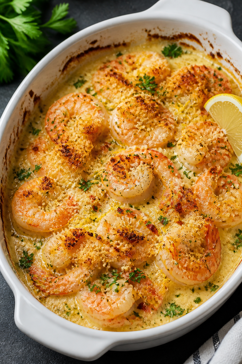 Cooking process with golden topping: Broiler-safe dish of shrimp just out from under the broiler, ov